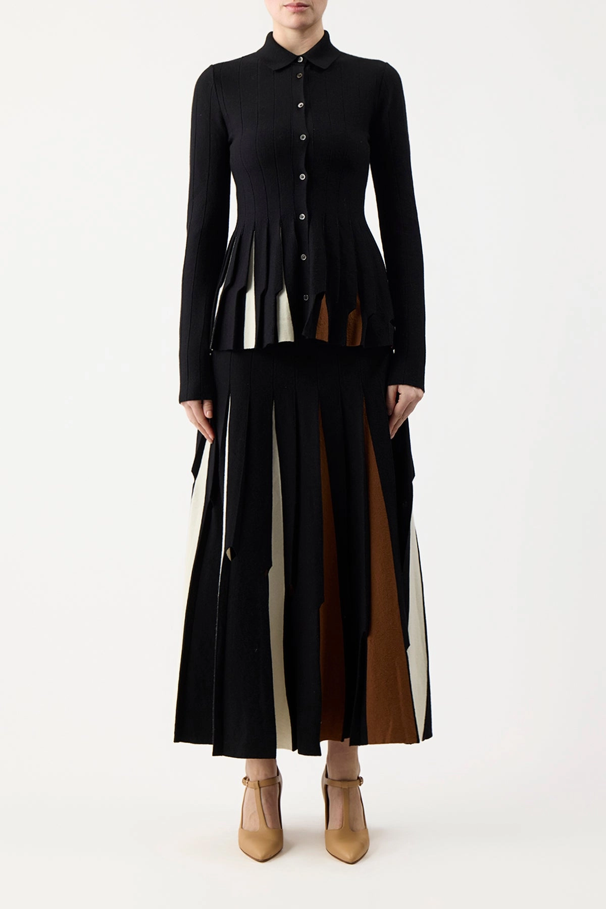 Olya Pleated Knit Midi Skirt in Black Multi Merino Wool Fit Choice