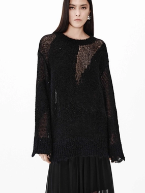 Snuggle Style Knit Fabric Distressed Sheer Knit Sweater