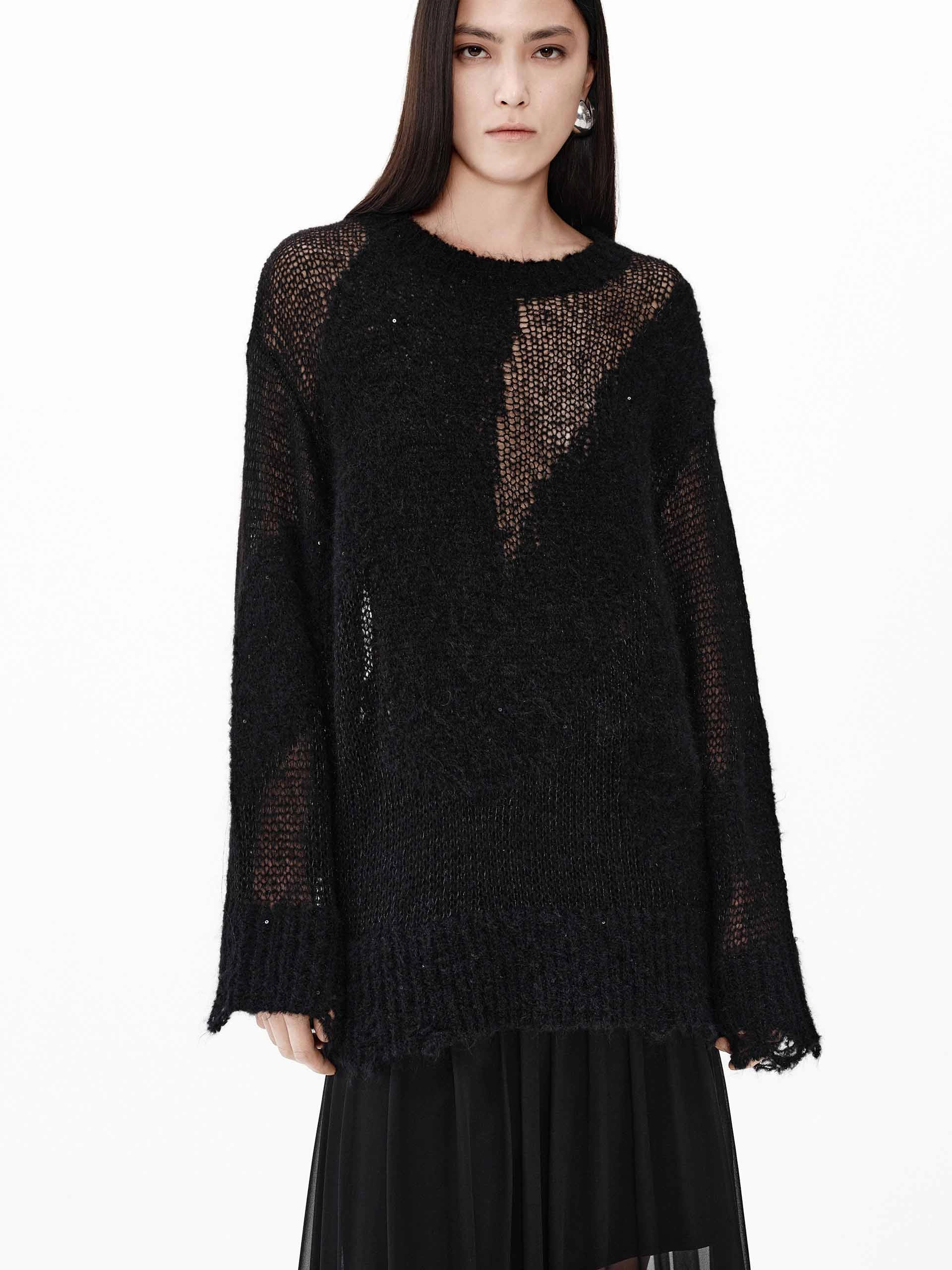 Textured Fabric Comfy Vibes Distressed Sheer Knit Sweater