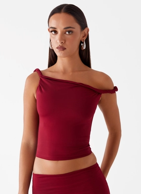 Vibe Shot Drawstring closure Solace Soul Twist Shoulder Top - Maroon