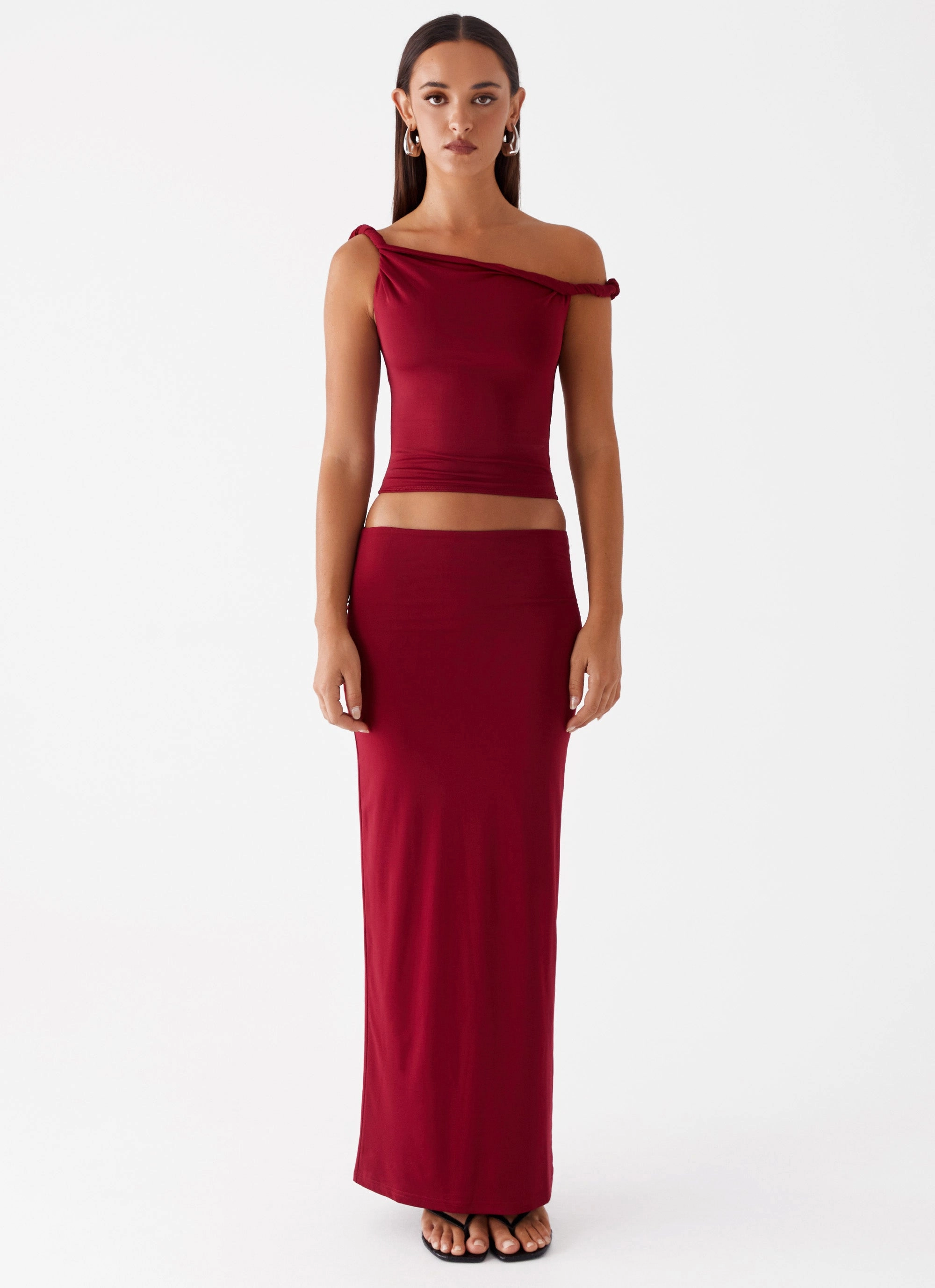 Solace Soul Twist Shoulder Top - Maroon Sleek Vibe