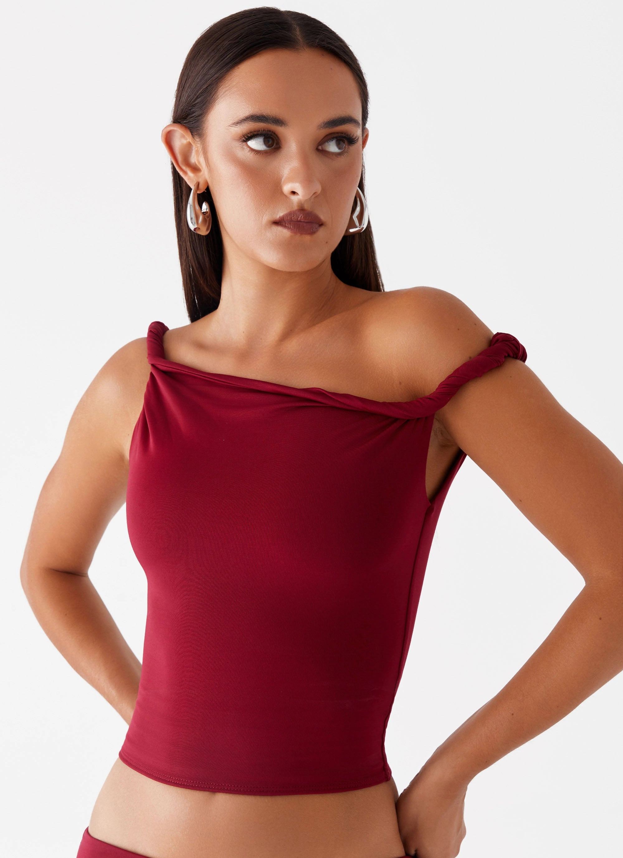 Solace Soul Twist Shoulder Top - Maroon Aesthetic Fit