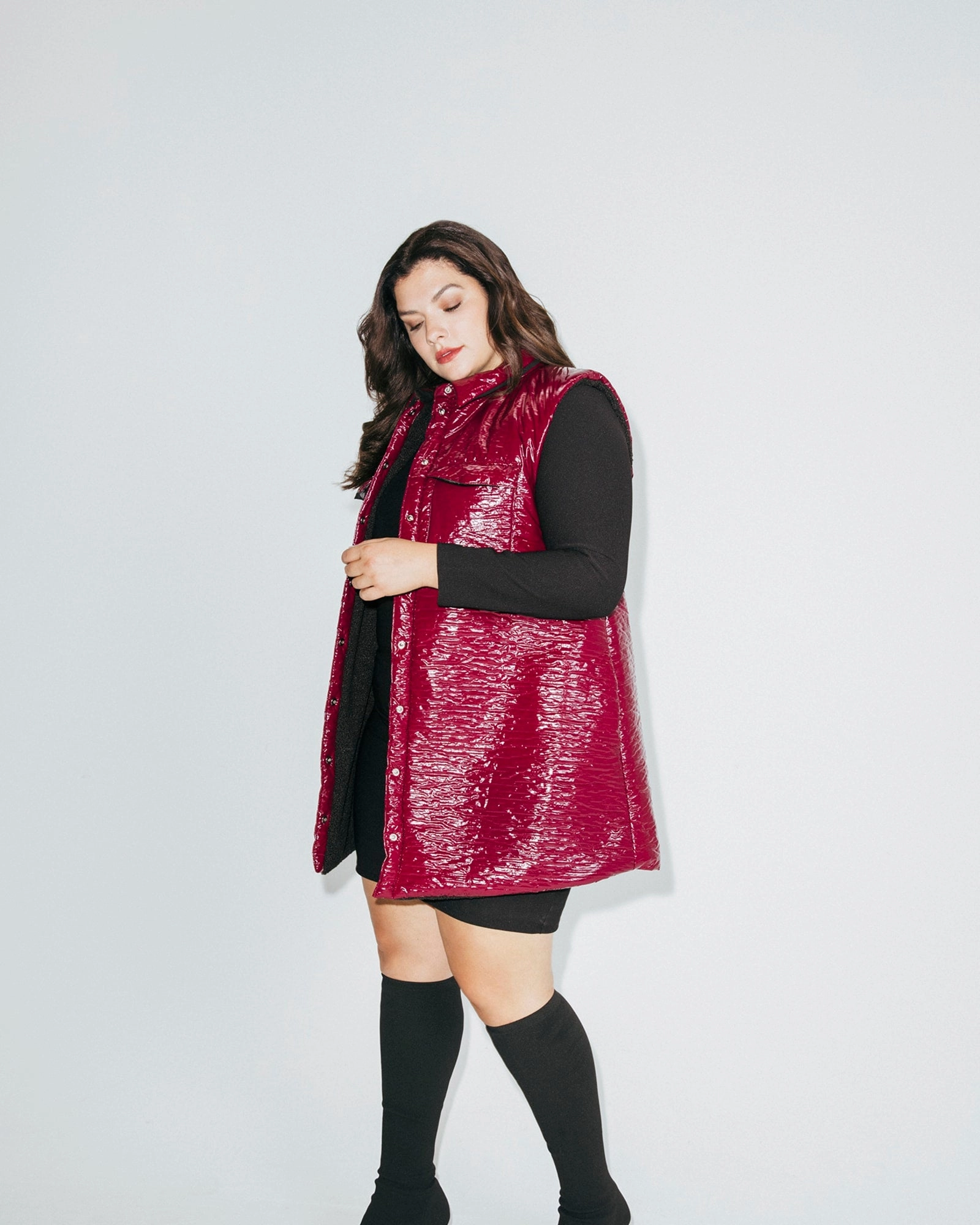 Patent & Faux Shearling Vest | Burgundy Ritual