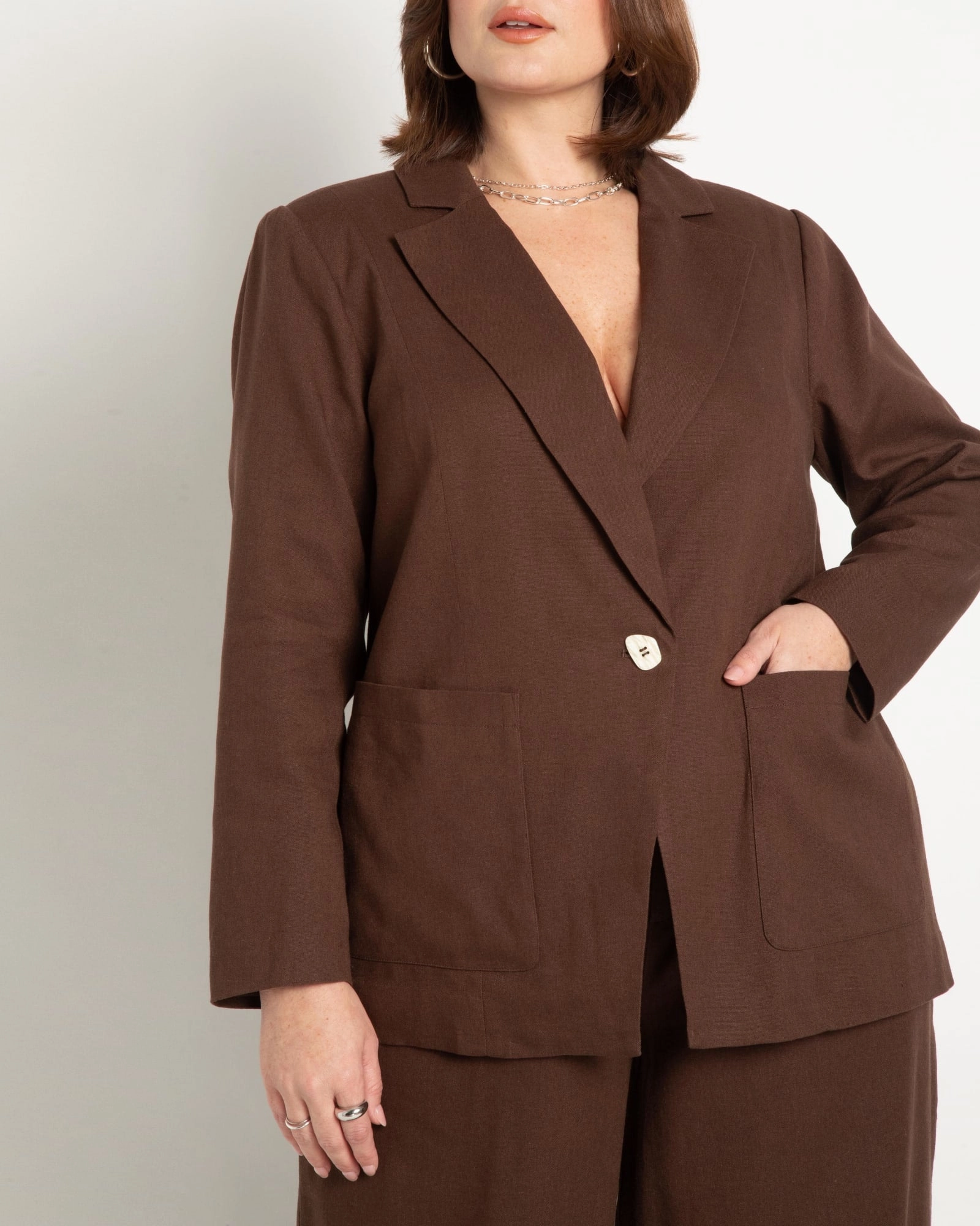 Pearl Detail Linen Blazer | Chocolate Fondant Rank