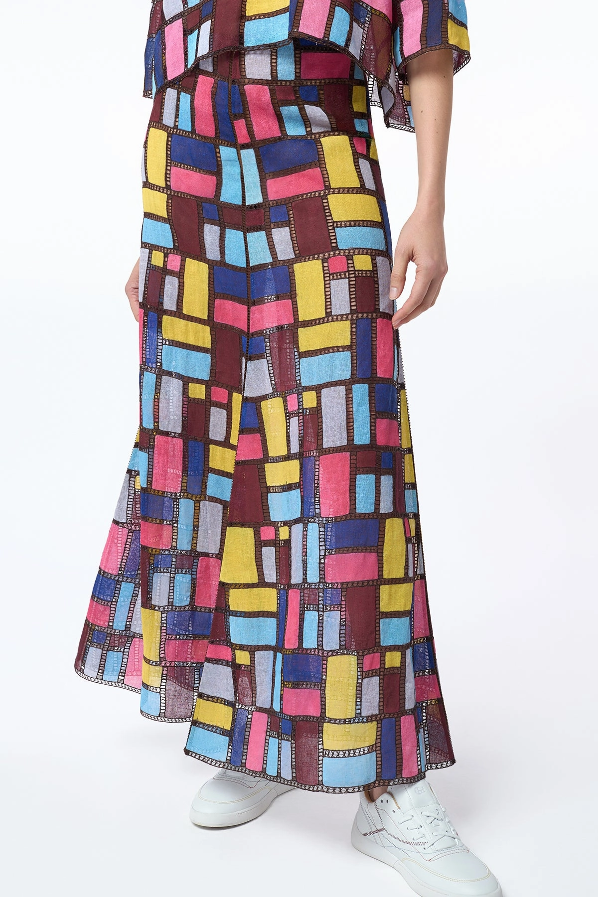 Selma Patchwork Embroidered Maxi Skirt in Aurora Multi Linen Clean Fit Fashion Fusion