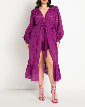 Long Coverup Duster with Puff Sleeve | Prism Violet Mesh Backed Hood