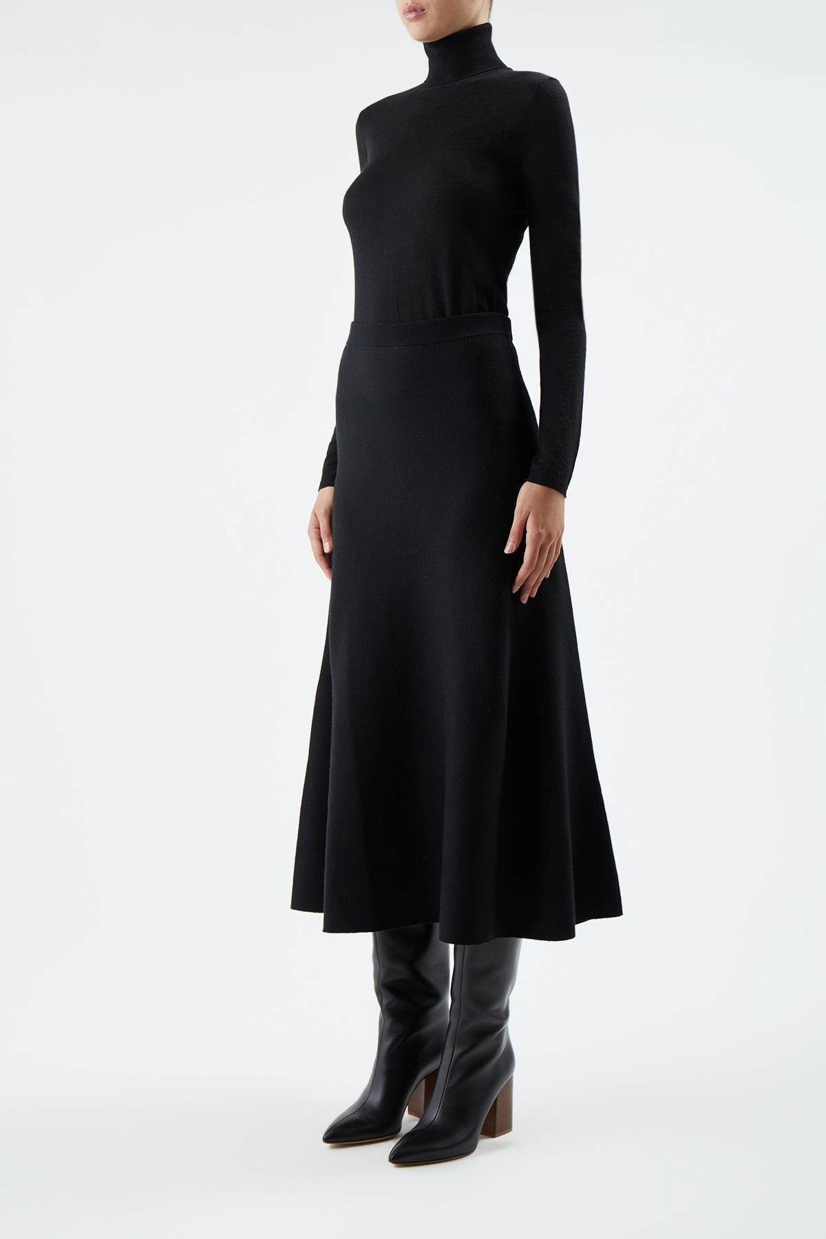 Eco Friendly Dye Freddie Knit Midi Skirt in Black Merino Wool Cashmere