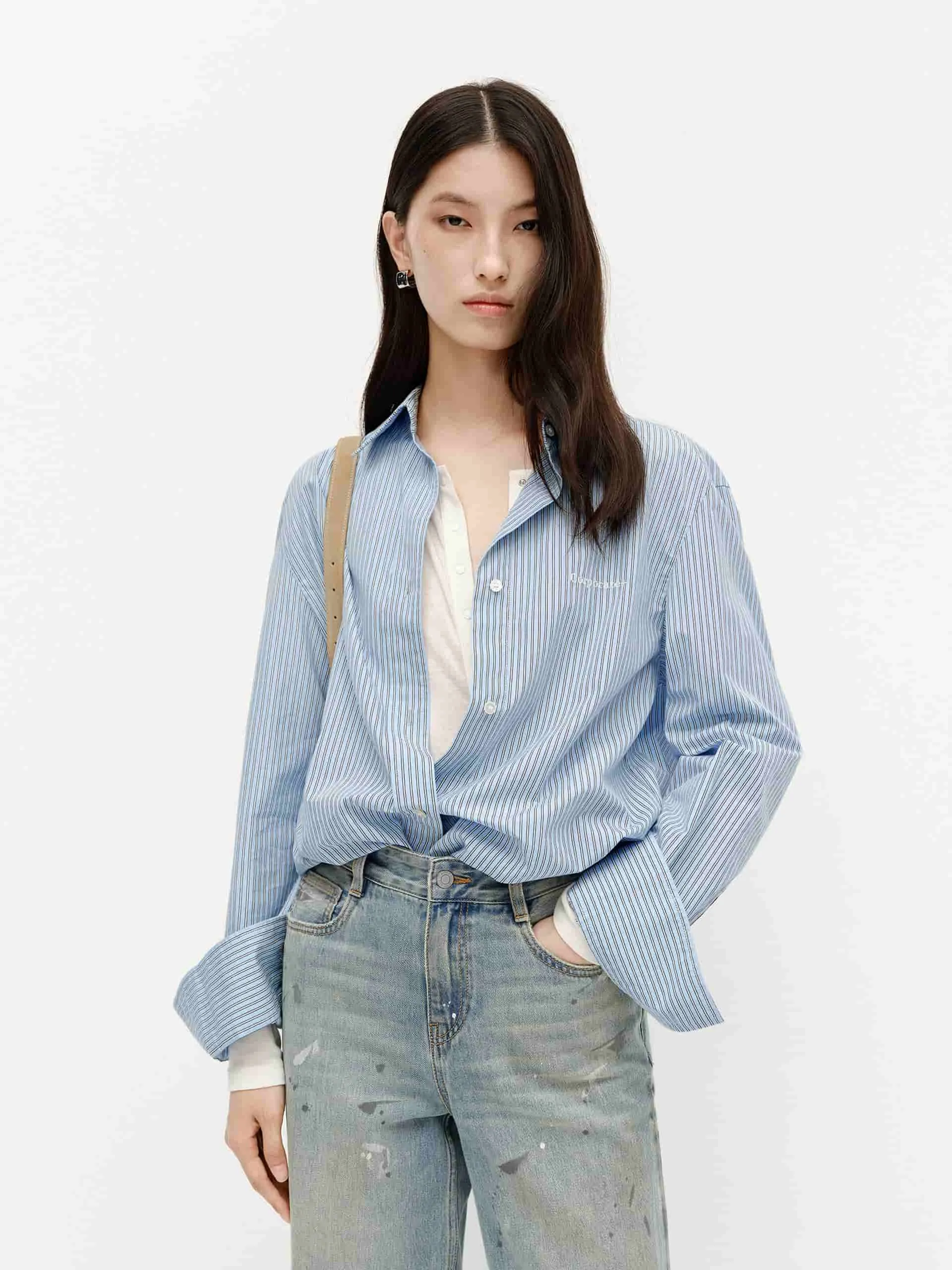 Pinstriped Cotton Shirt Artistic Design Non Restrictive Armhole