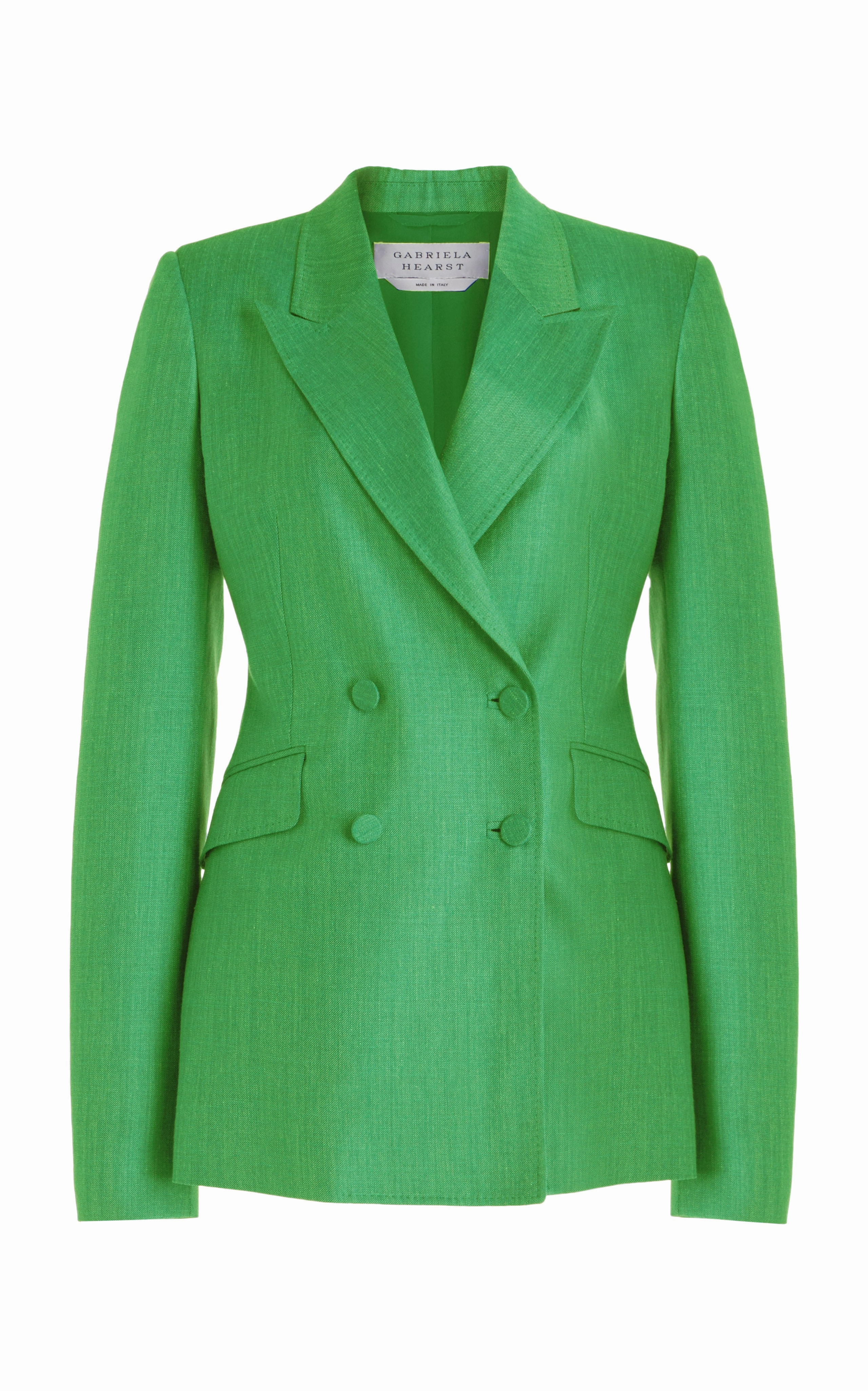 Clean Fit Business Fit Wear Stephanie Blazer in Peridot Green Virgin Wool and Silk Linen