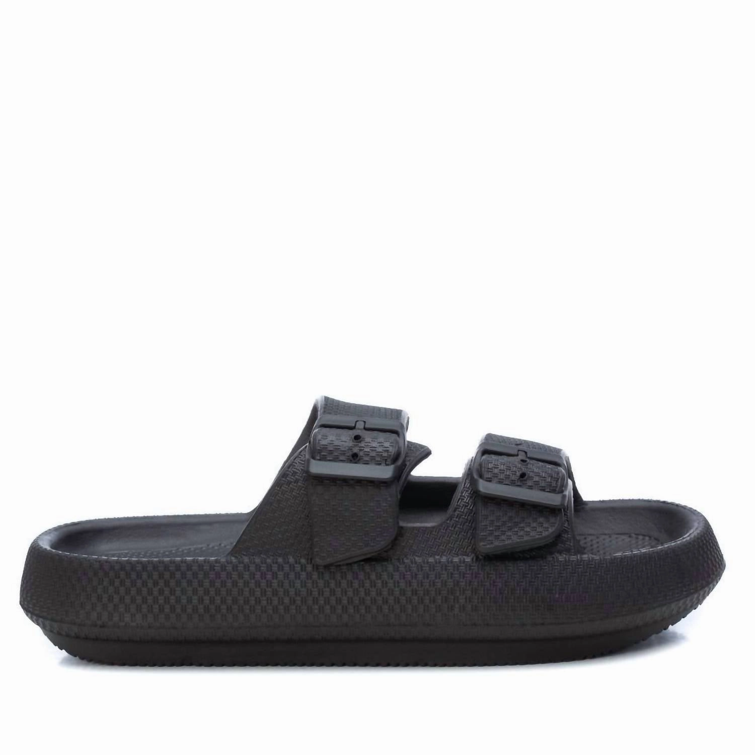 Men's Double Buckle Slides In Black Modern Glow