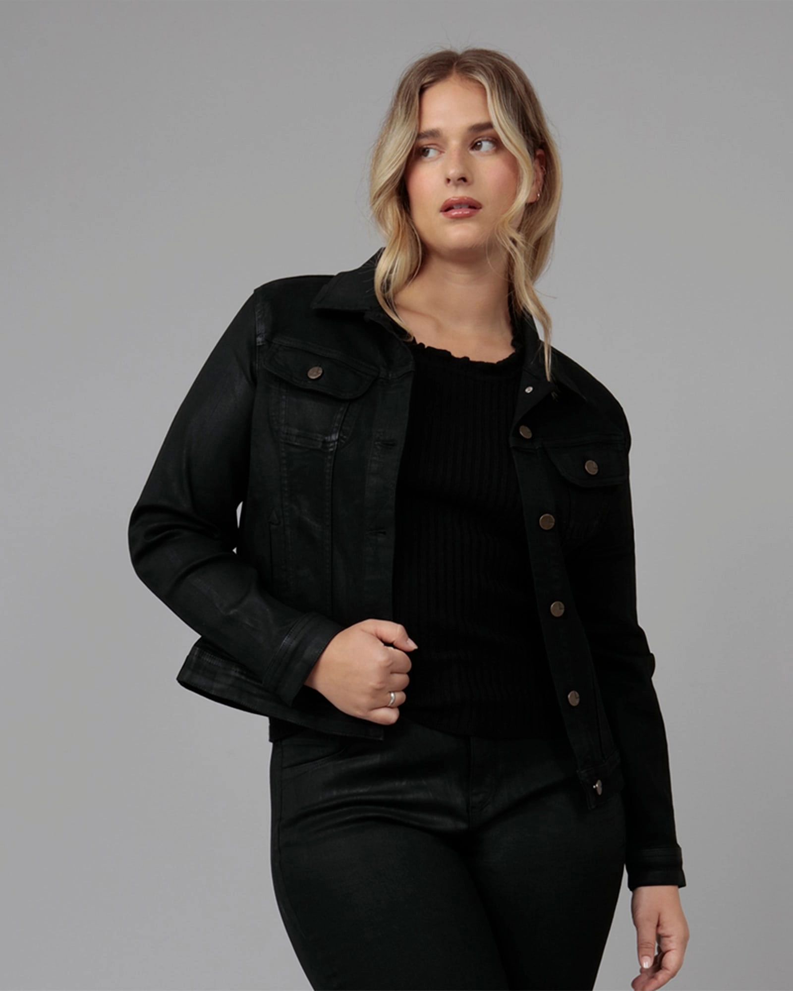 Women's GABRIELLA-CBLK Classic Denim Jacket | Coated Black suitable for cultural festivals Reversible Protection