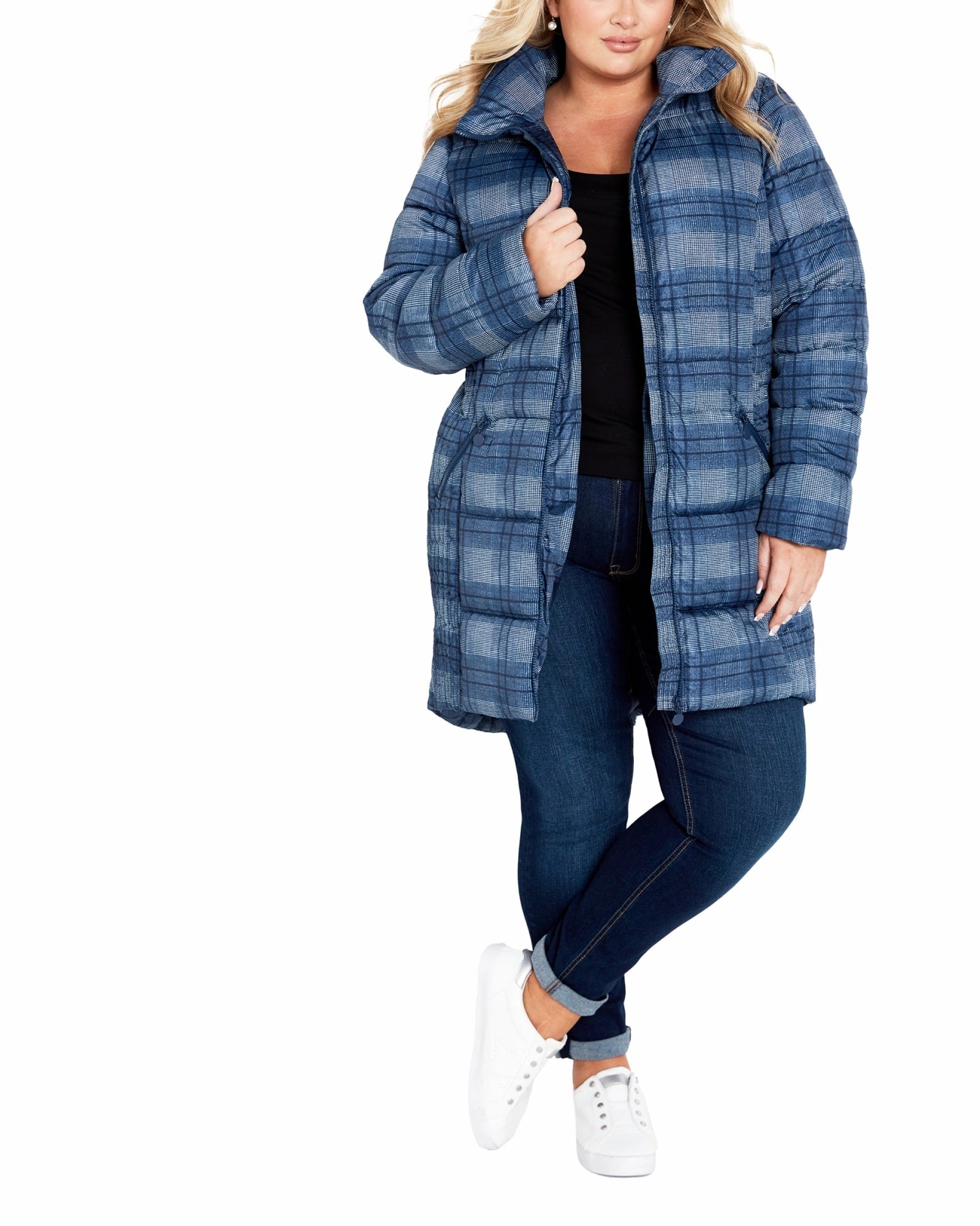 Urban Detail Full Zip Closure Printed Check Coat | Navy Check