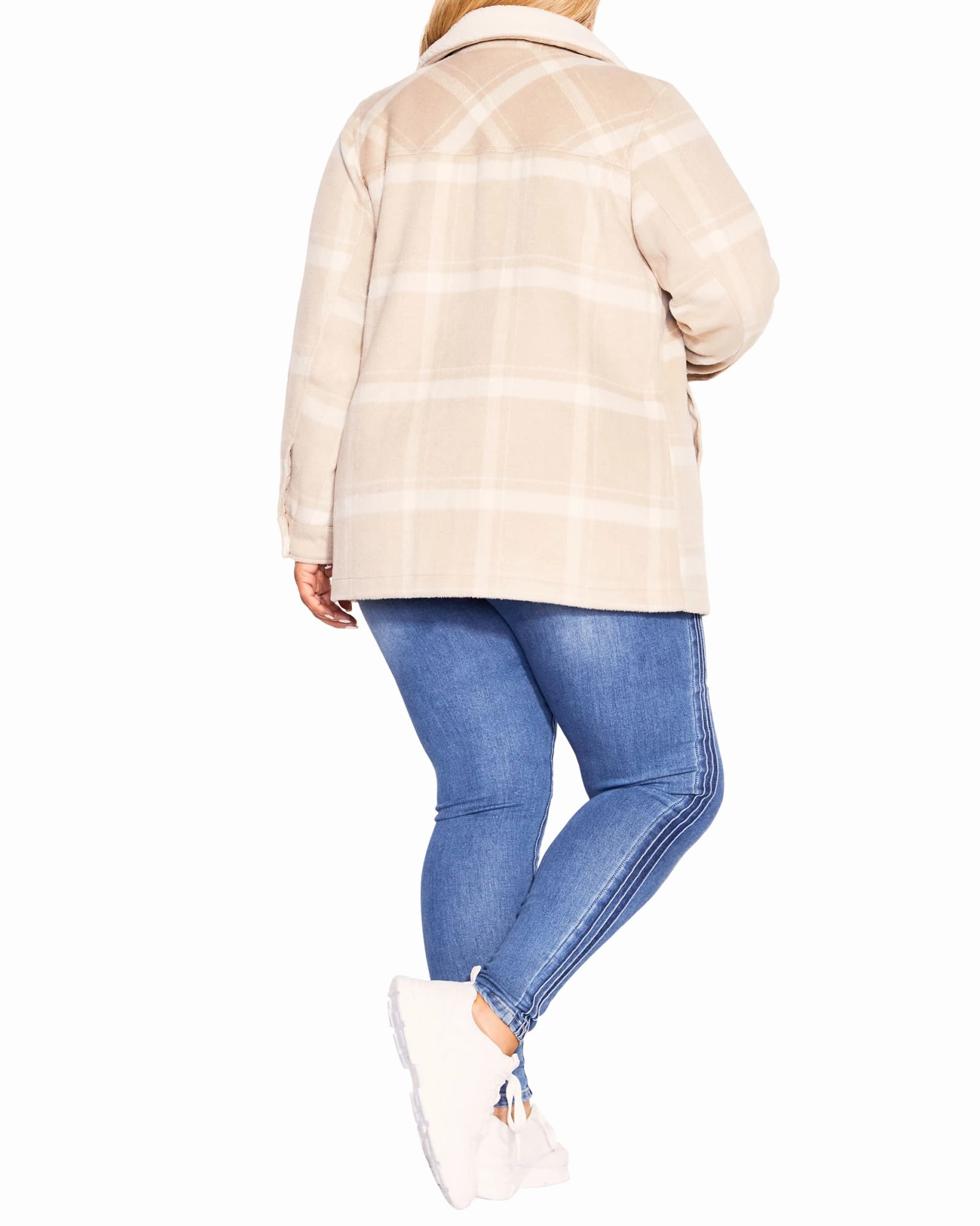 NoiseReduced Closure System Magnetic Closure Plaid Faux Wool Jacket | Camel/Cream