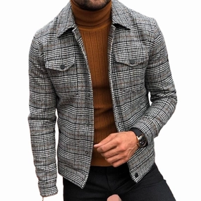 West Louis? Slim Plaid Turn-down Collar Single Breasted Jacket Flexible Layer