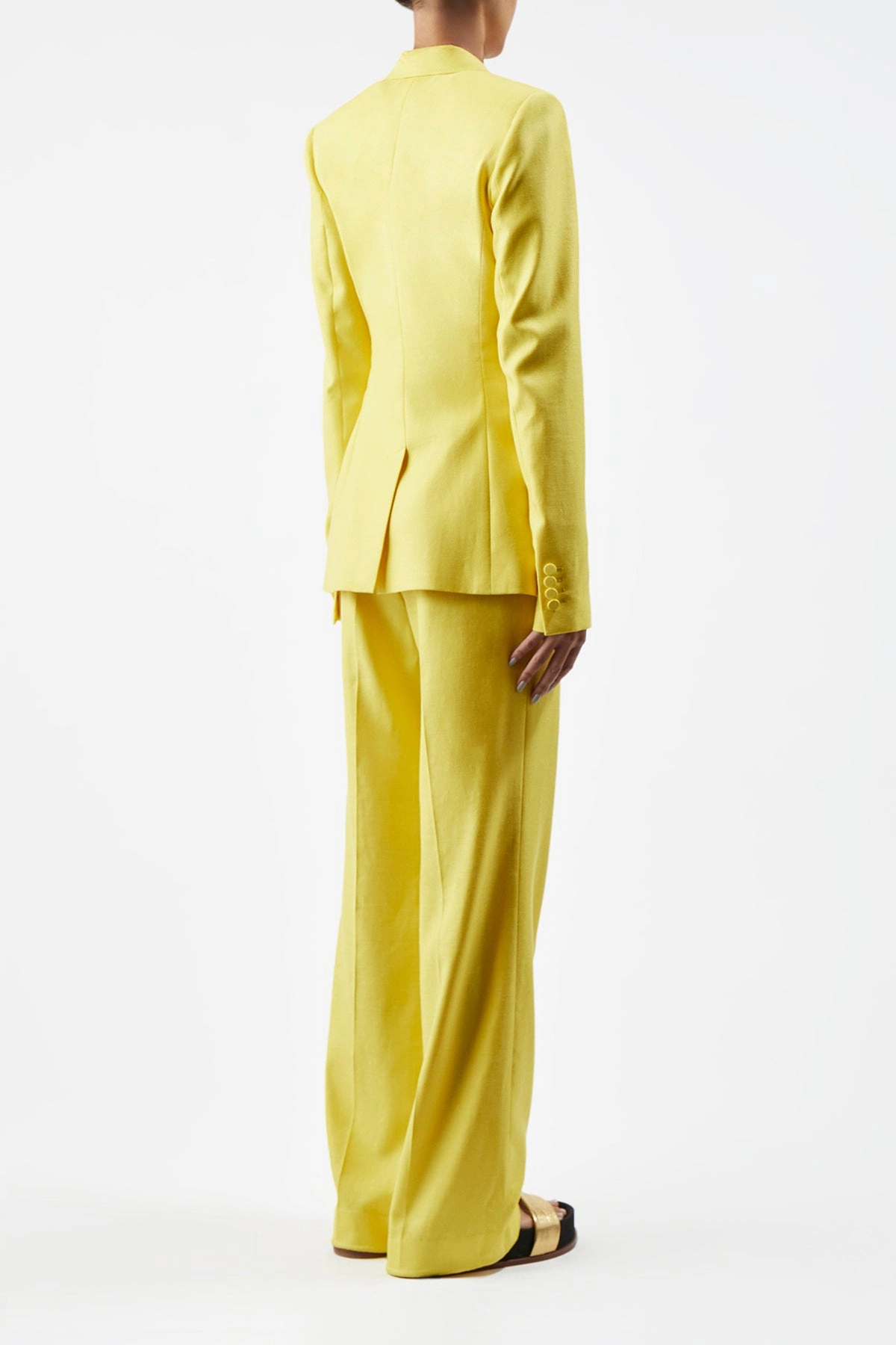Comfortable Layers Stephanie Blazer in Cadmium Yellow Virgin Wool and Silk Linen Twill