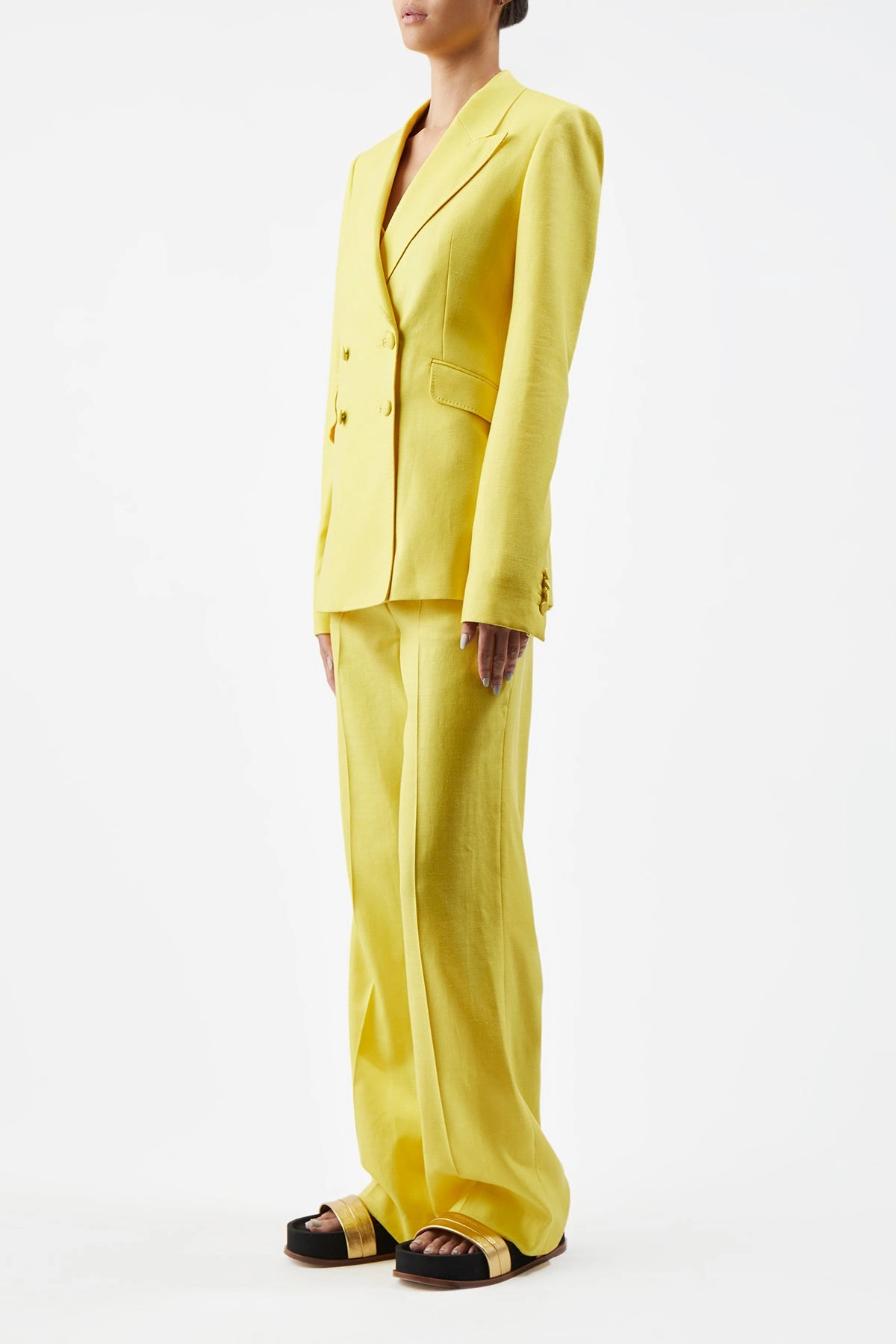 Work Ready Luxury Design Stephanie Blazer in Cadmium Yellow Virgin Wool and Silk Linen Twill