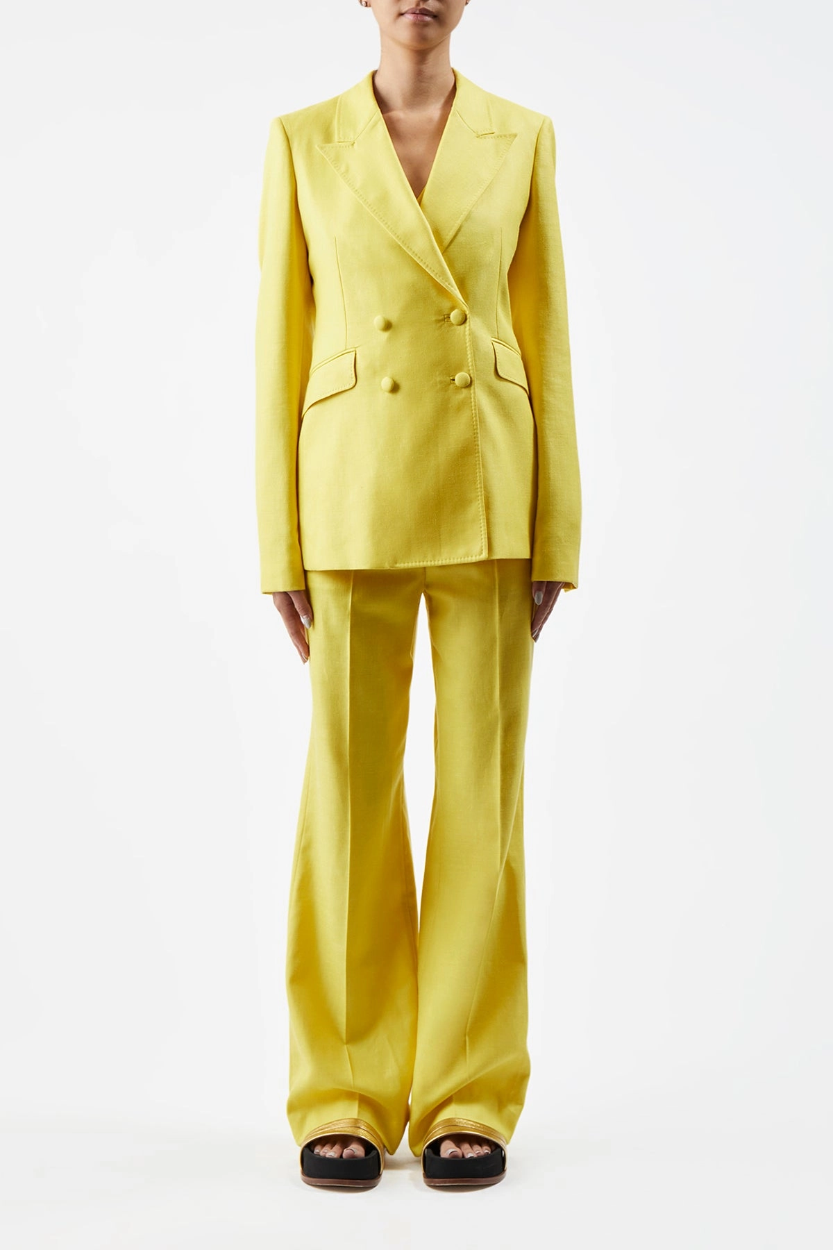 Seasonal Comfort Business Chic Stephanie Blazer in Cadmium Yellow Virgin Wool and Silk Linen Twill