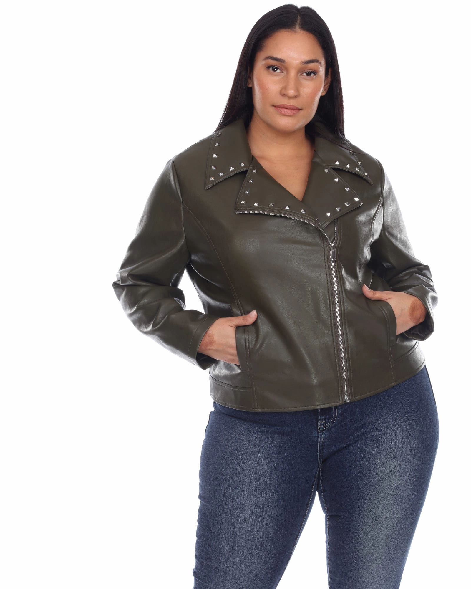 Seamless Edging PU Faux Leather Jacket | Olive