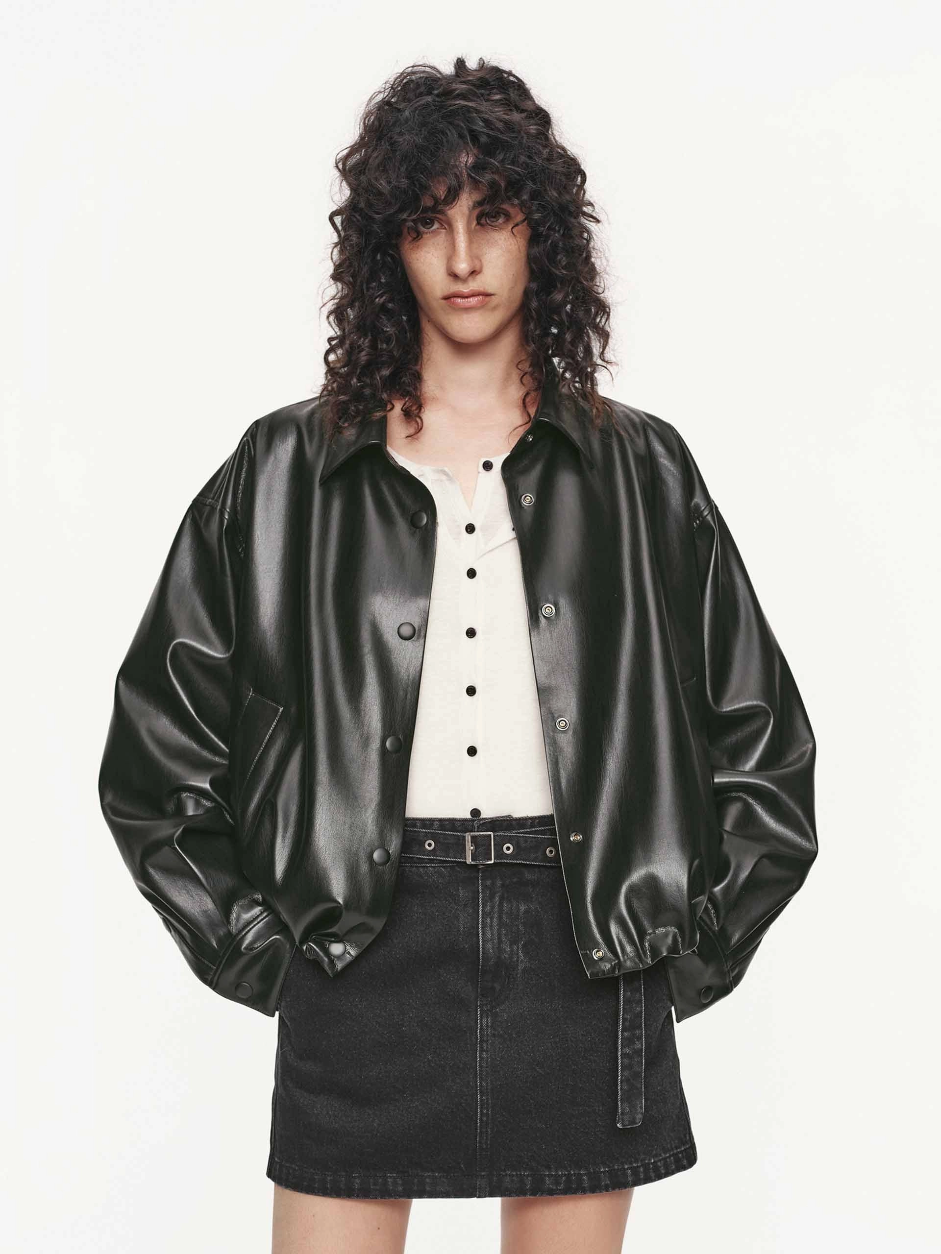 PU Leather Cropped Jacket AdjustableDrawstring