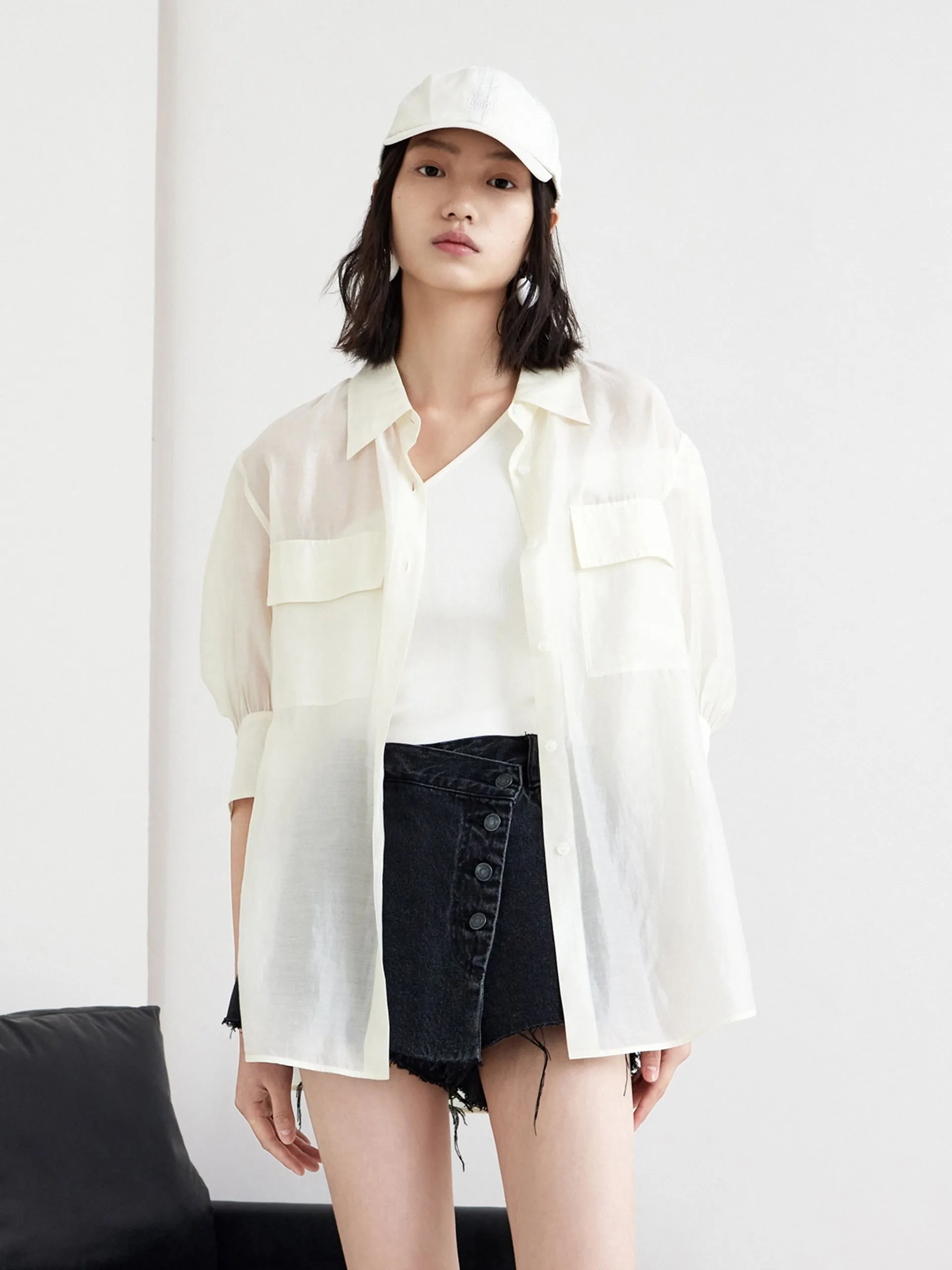 Anti Static Finish Easy Care Puff Sleeve Pocket Shirt