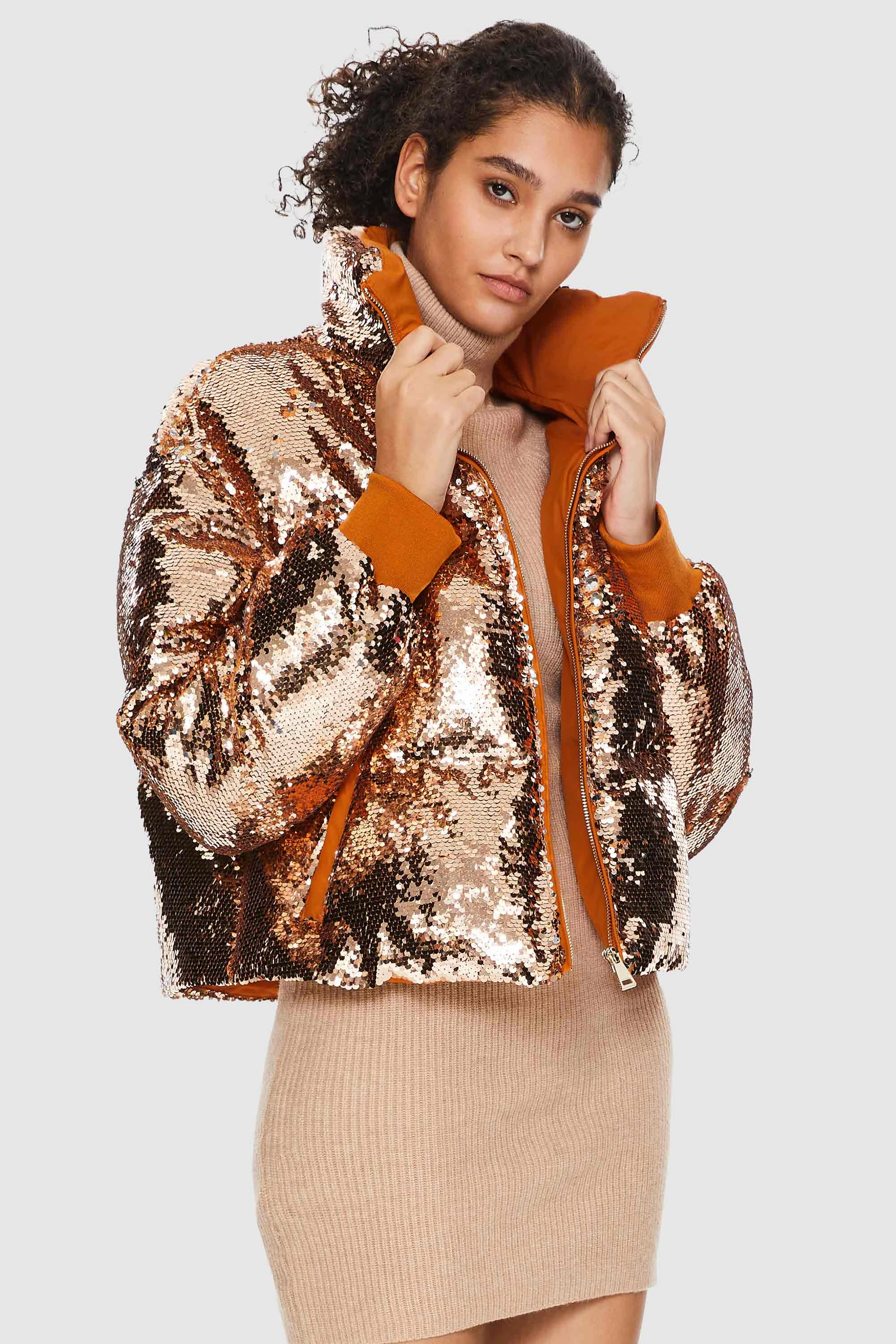 Secure Chest Pocket wrinkle free Puff-O? O-Lab Disco Sequin Down Jacket
