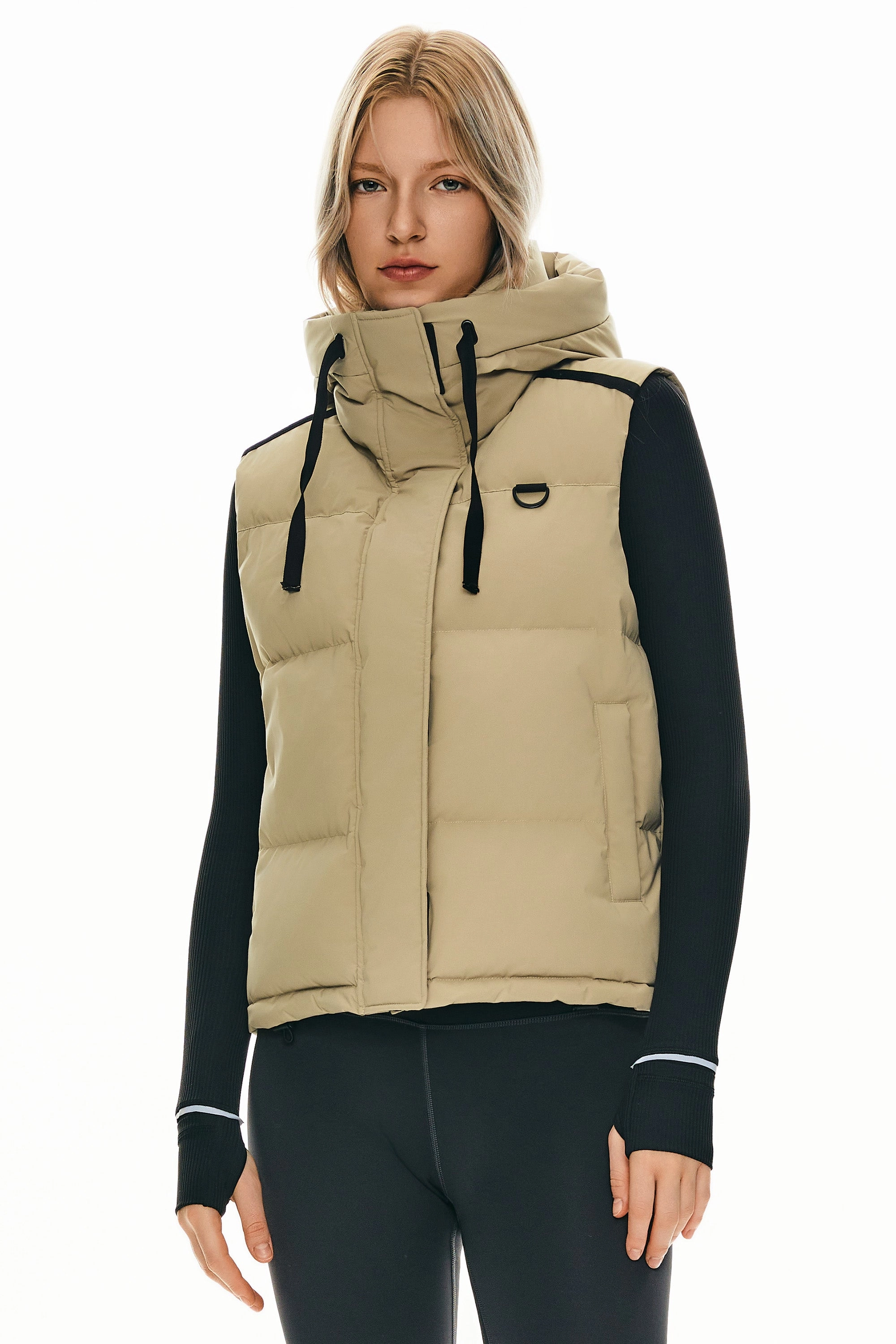 Adjustable Hem Puffer Down Vest Hooded Cropped Zip Up