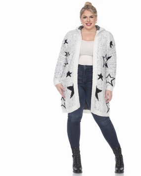 Non Restrictive Silhouette Flexible Quilted Panels Hooded Open Front Sherpa Coat | White/Black Stars