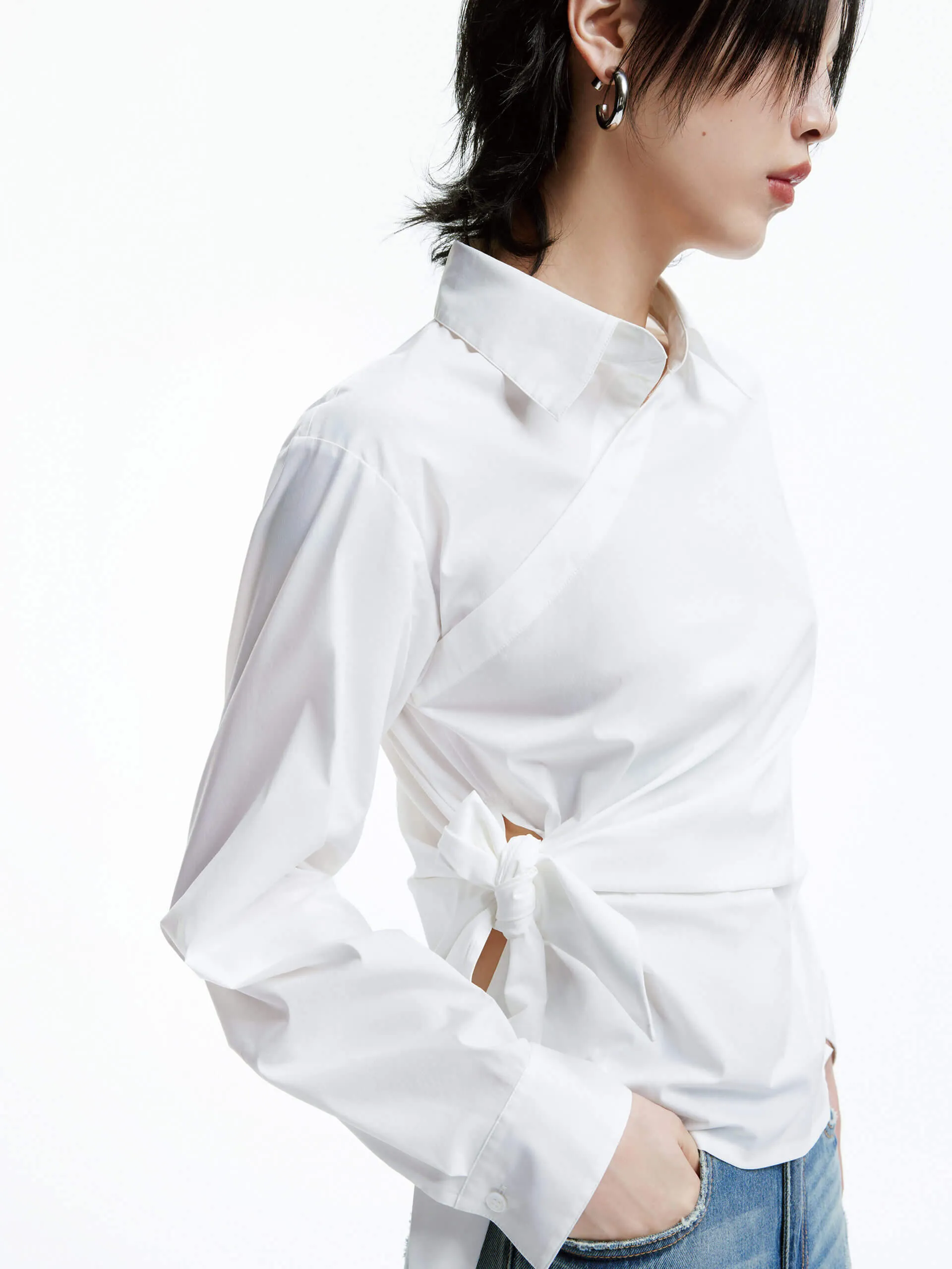 Neutral Tones Smooth Seam Finish Slanted Placket Tie Shirt