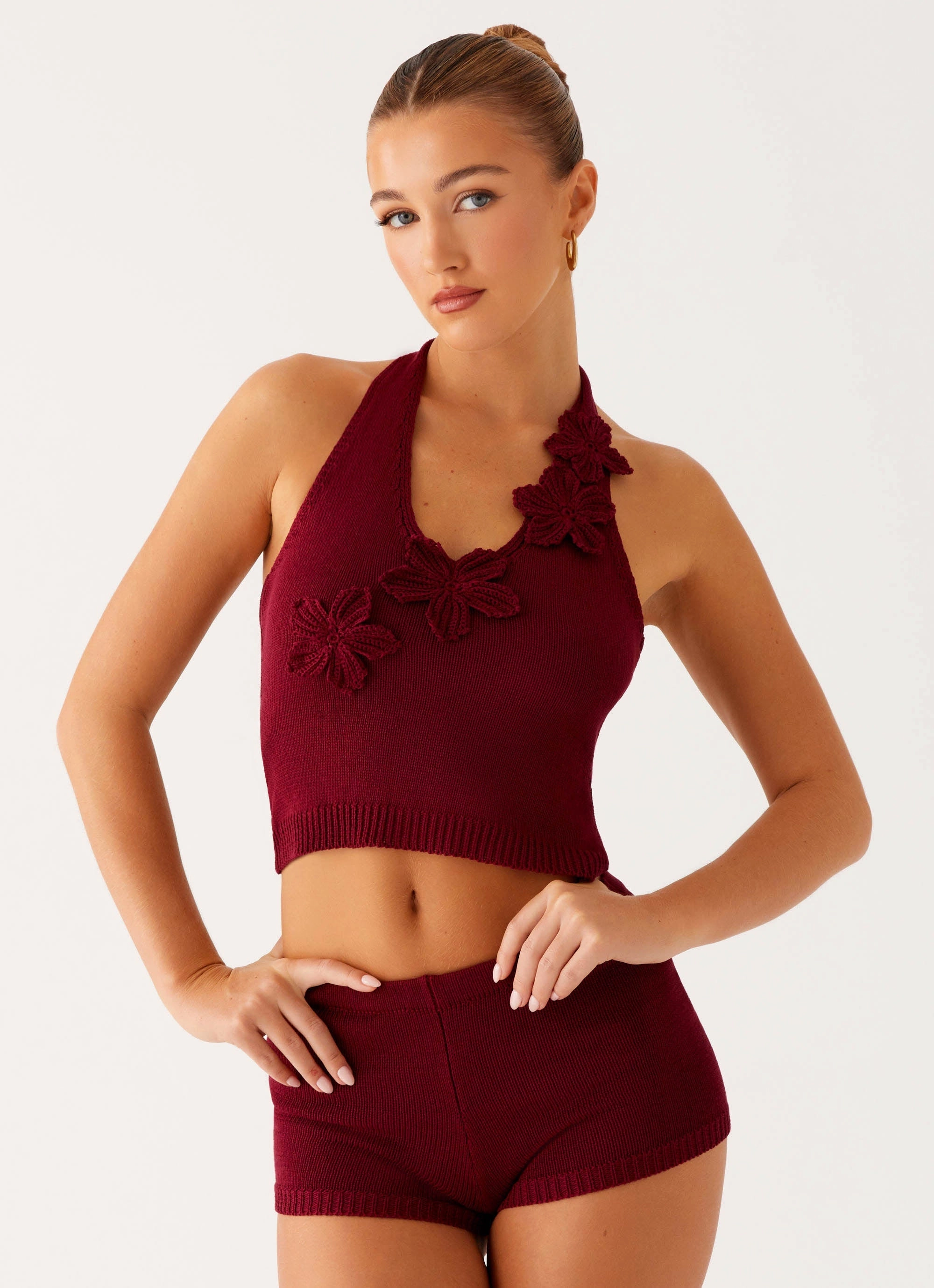 Tagless Design button-down look Miffy Crochet Top - Maroon