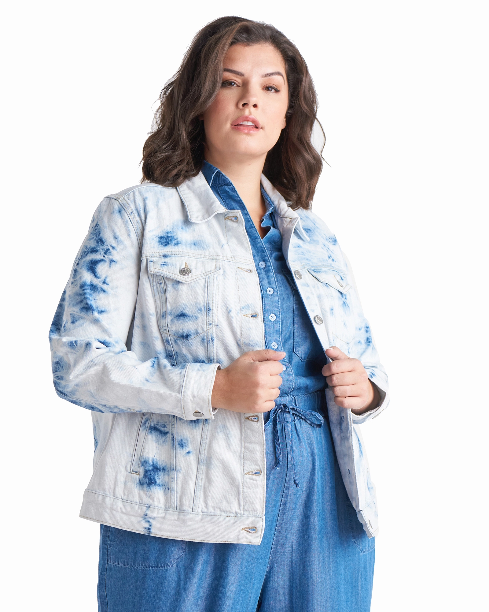 Jazlyn Distressed Denim Jacket | Light Wash Stretchable Panels Revolutionize