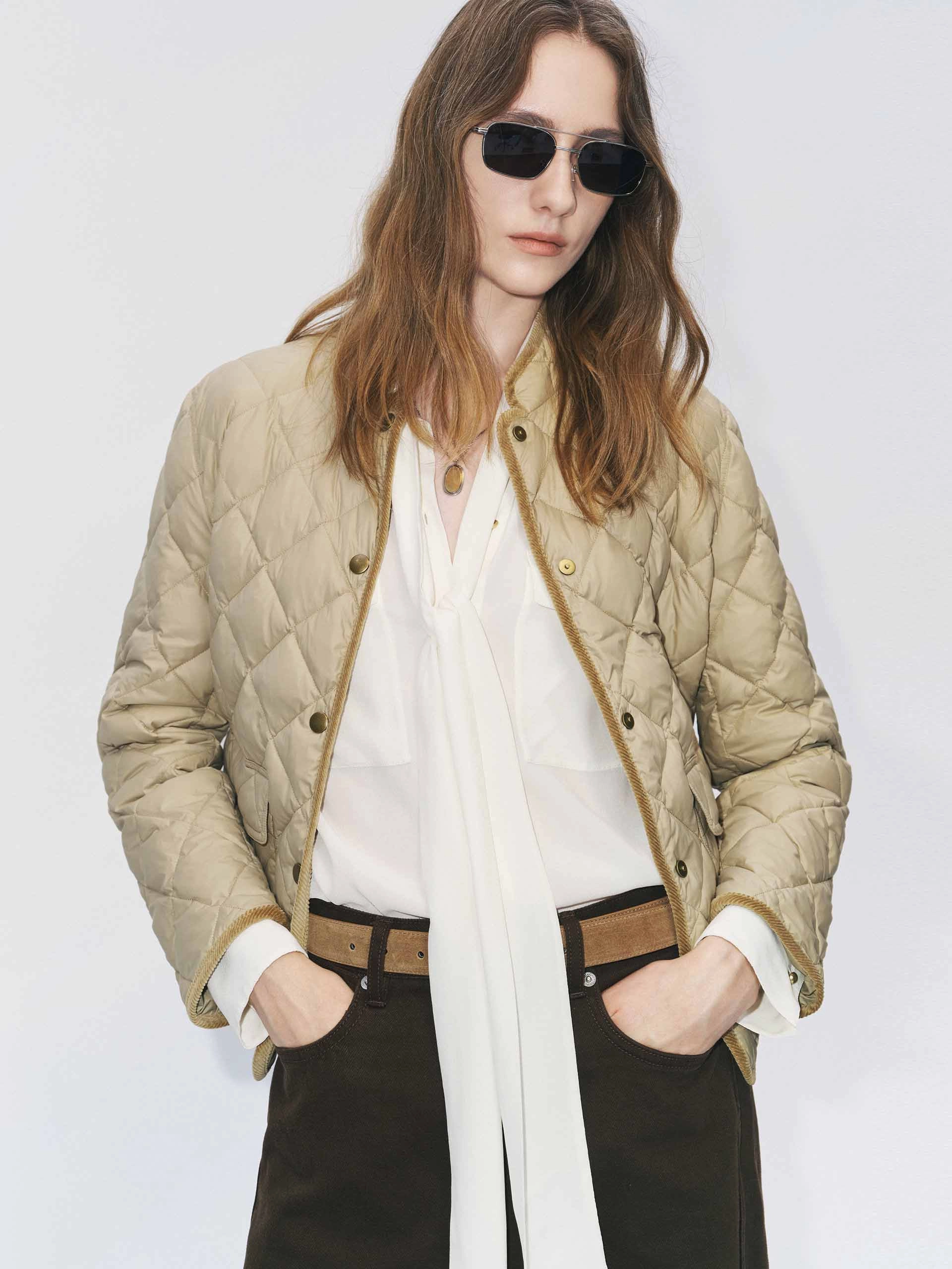 Plaid Design Quilted Mock Neck Down Jacket