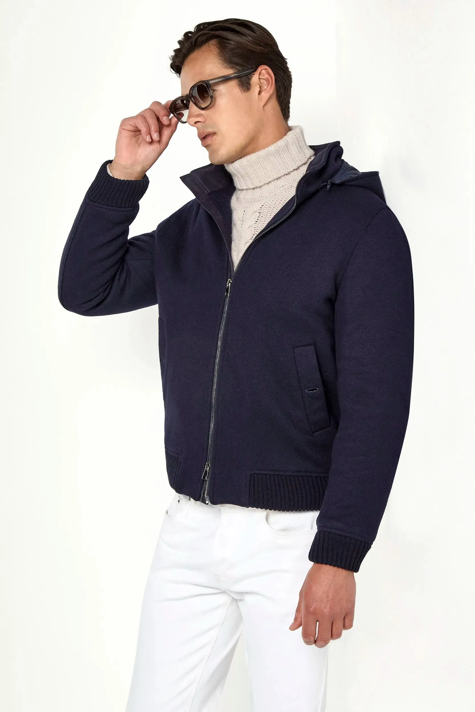 Blue hooded bomber - Made in Italy Mid Length Design Office Wear