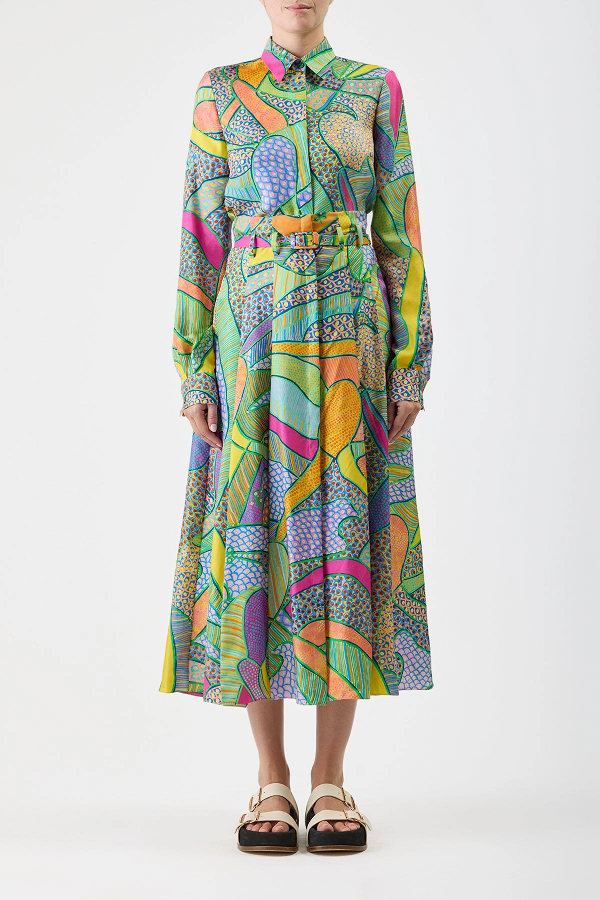 Year Round Style Clean Finish Dugald Pleated Midi Skirt in Green Multi Printed Silk Twill