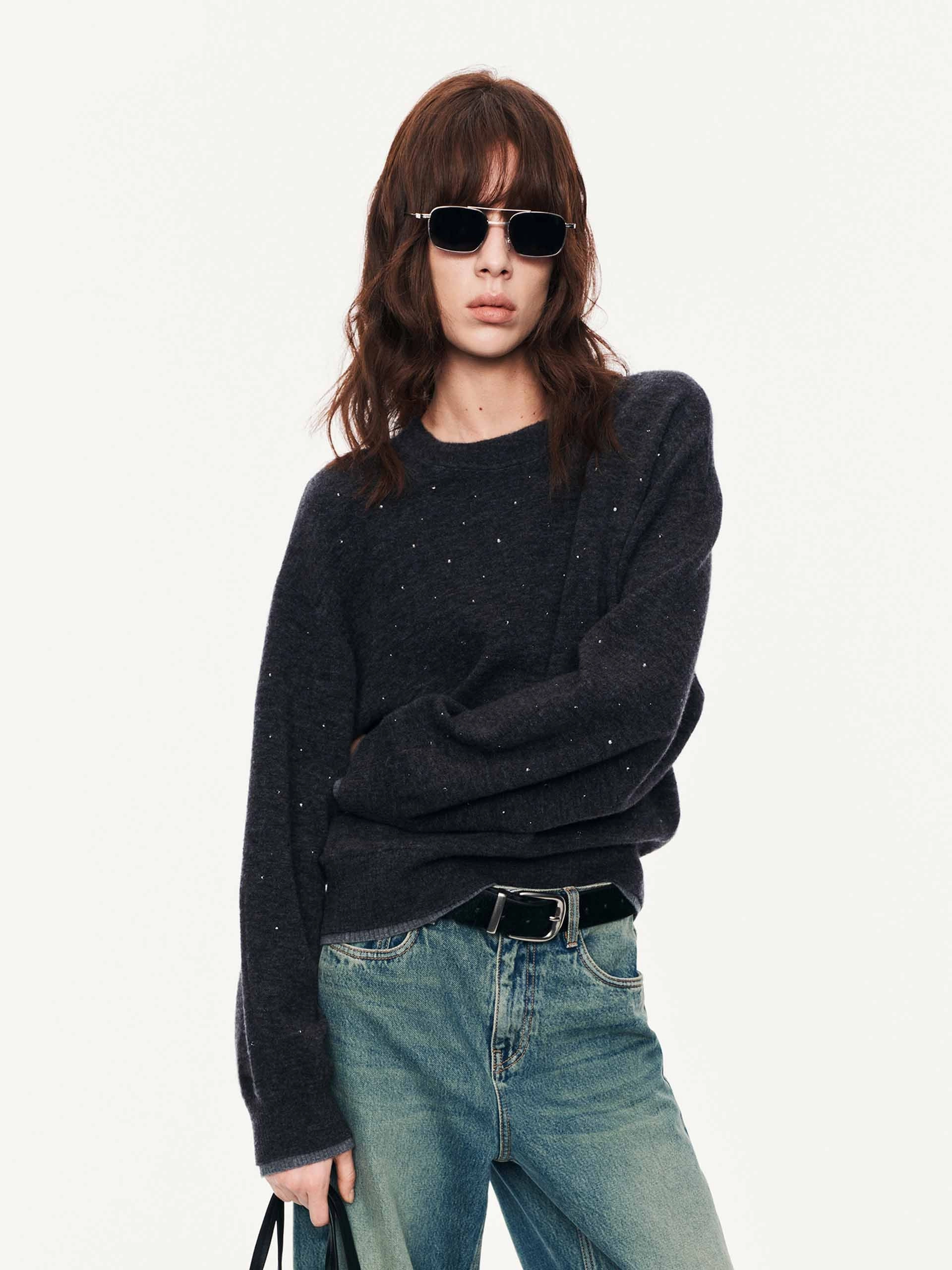 Rhinestone Wool Blend Sweater Sport Style Seasonal Fashion