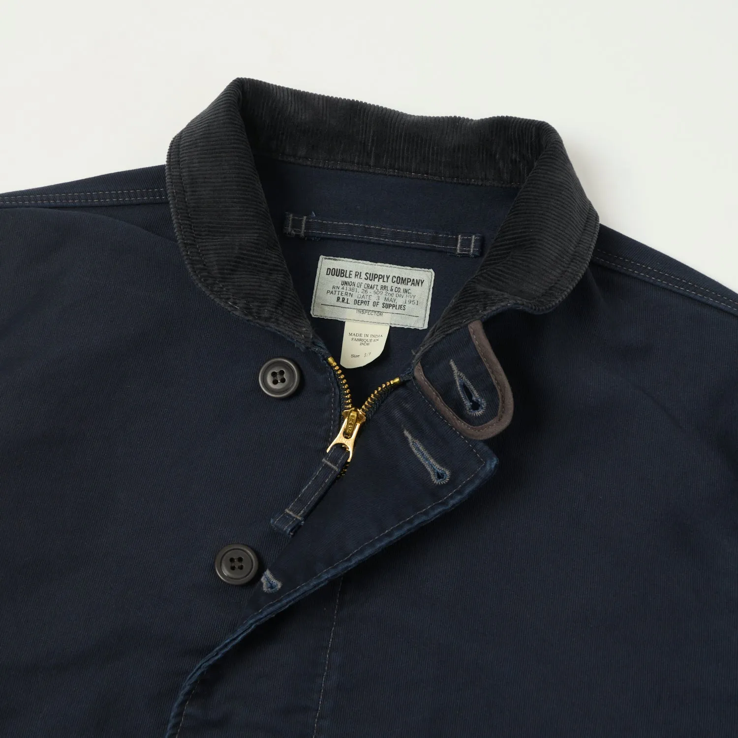 Contoured Silhouette Elastic Cuff Adjustment RRL Corduroy-Collar Deck Jacket - Navy