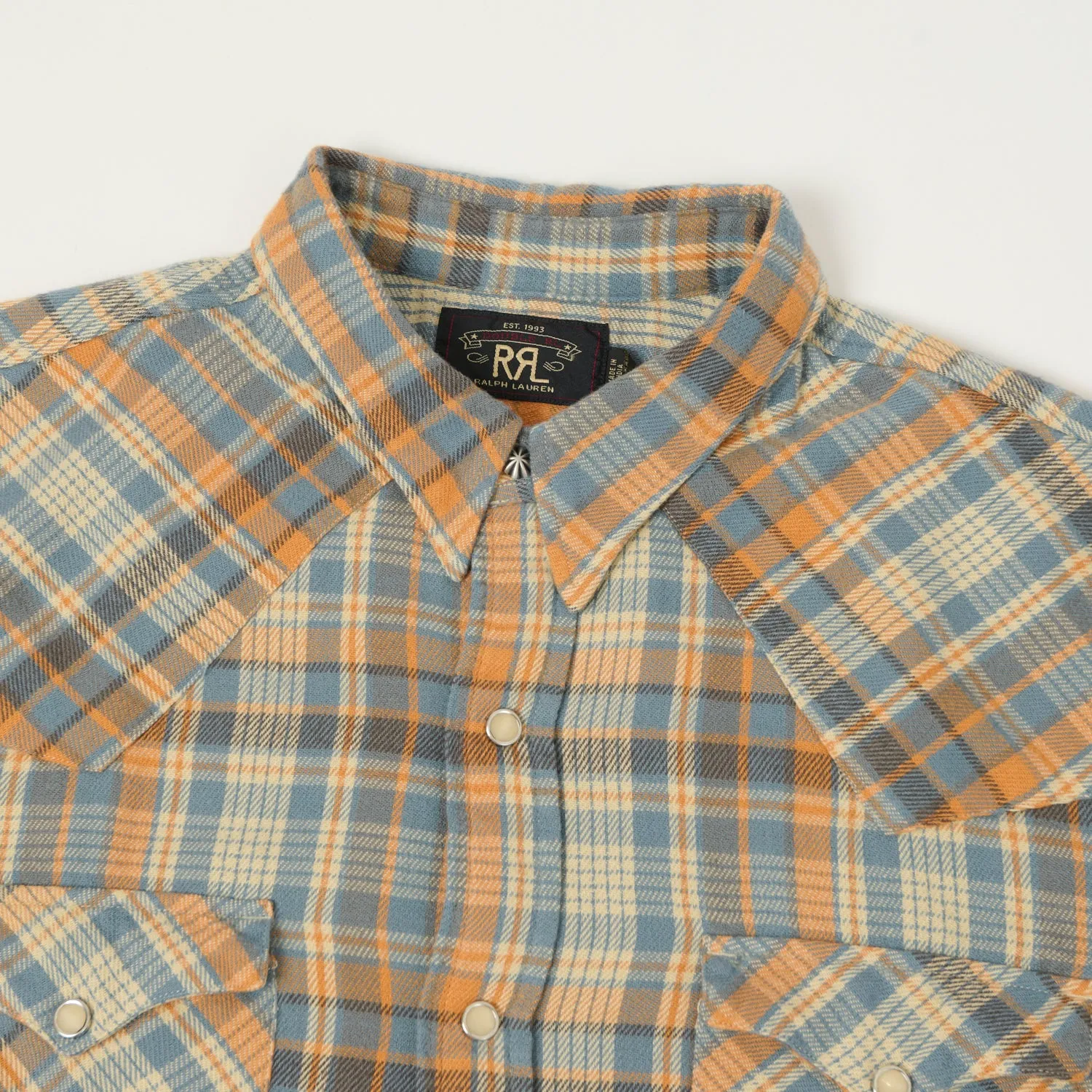 RRL Slim Fit Plaid Twill Western Shirt - Blue/Orange Bold Statement