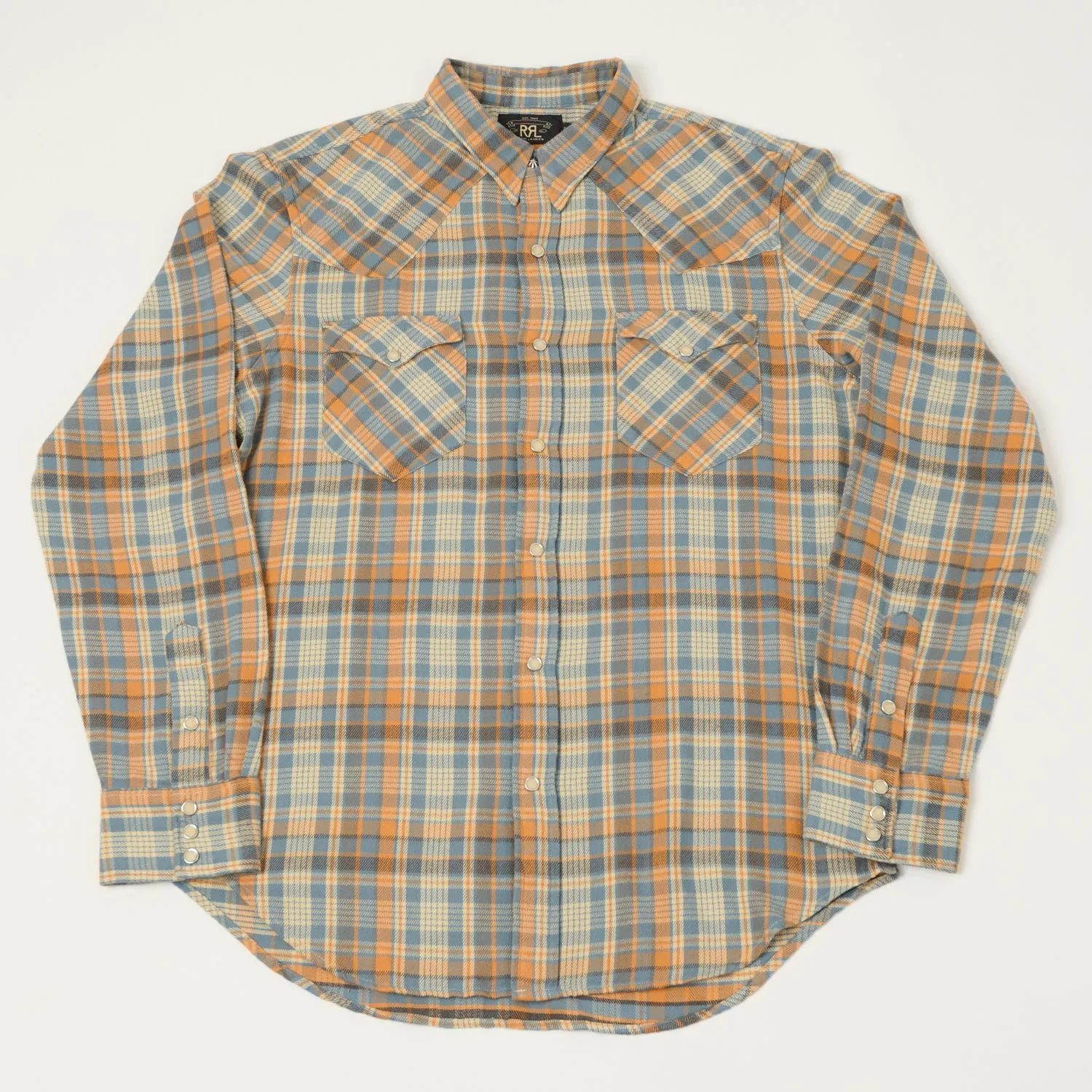 Trendy Fit All-Weather Wear RRL Slim Fit Plaid Twill Western Shirt - Blue/Orange