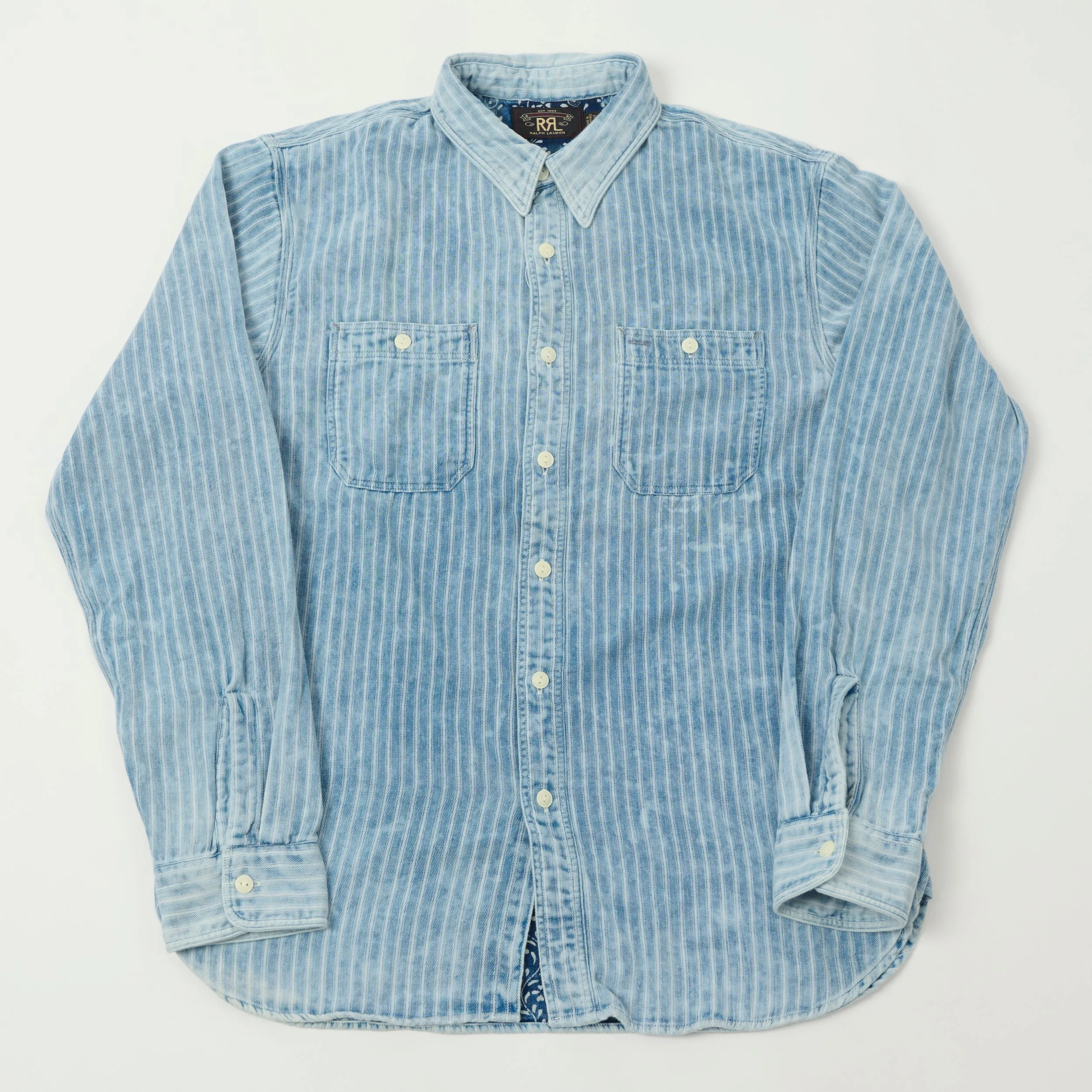 RRL Striped Double-Faced Workshirt - Indigo Flex Fit Collar Ethical production