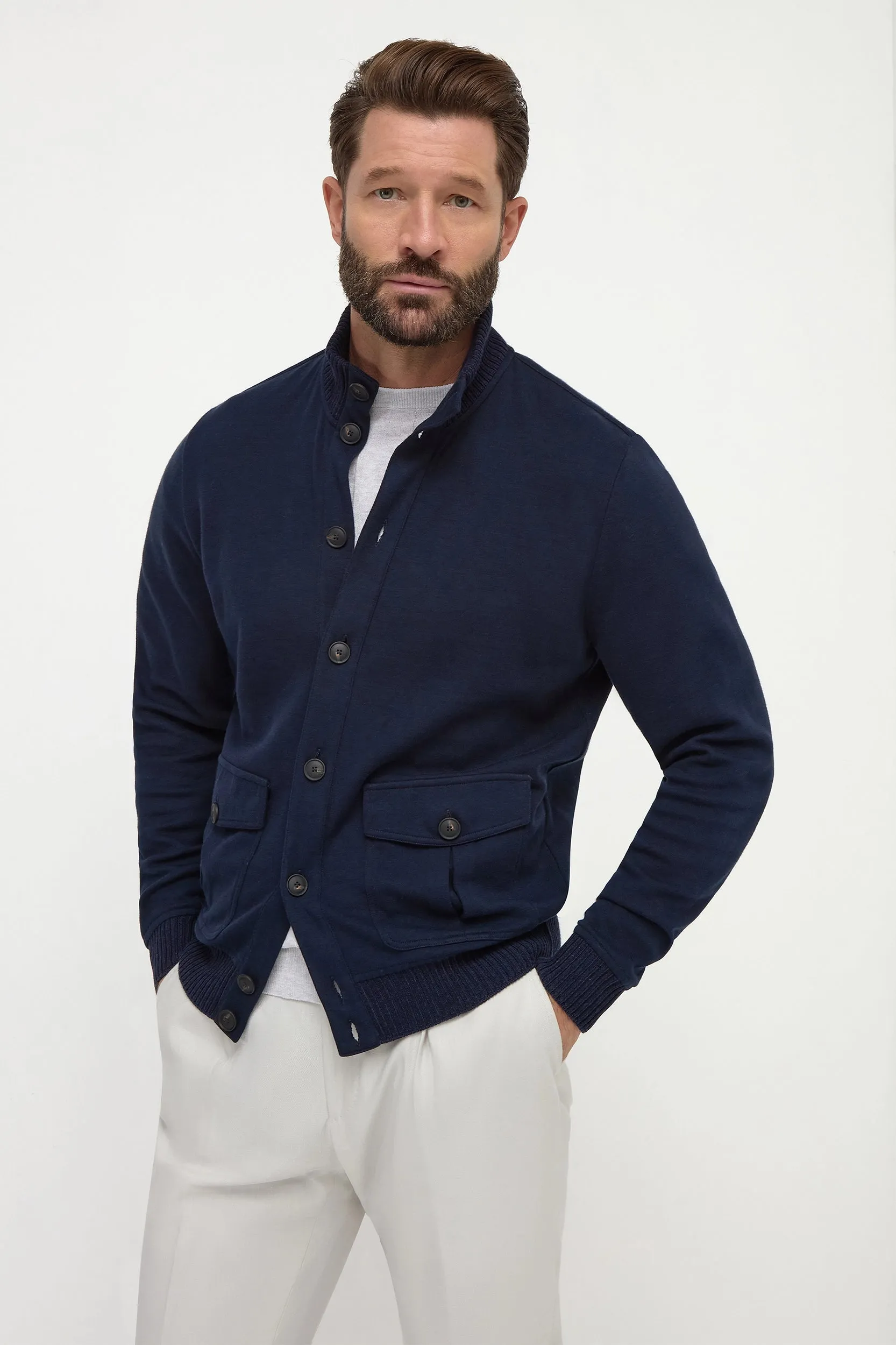 Spring Layer Blue cotton knitted bomber ?C Made in Italy