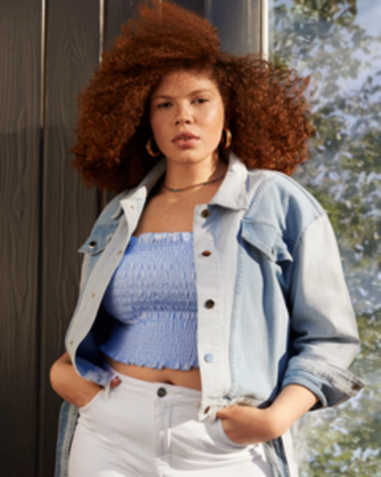 Soft Touch Checkered Melissa Belted Denim Trucker Jacket | 3209 Blue