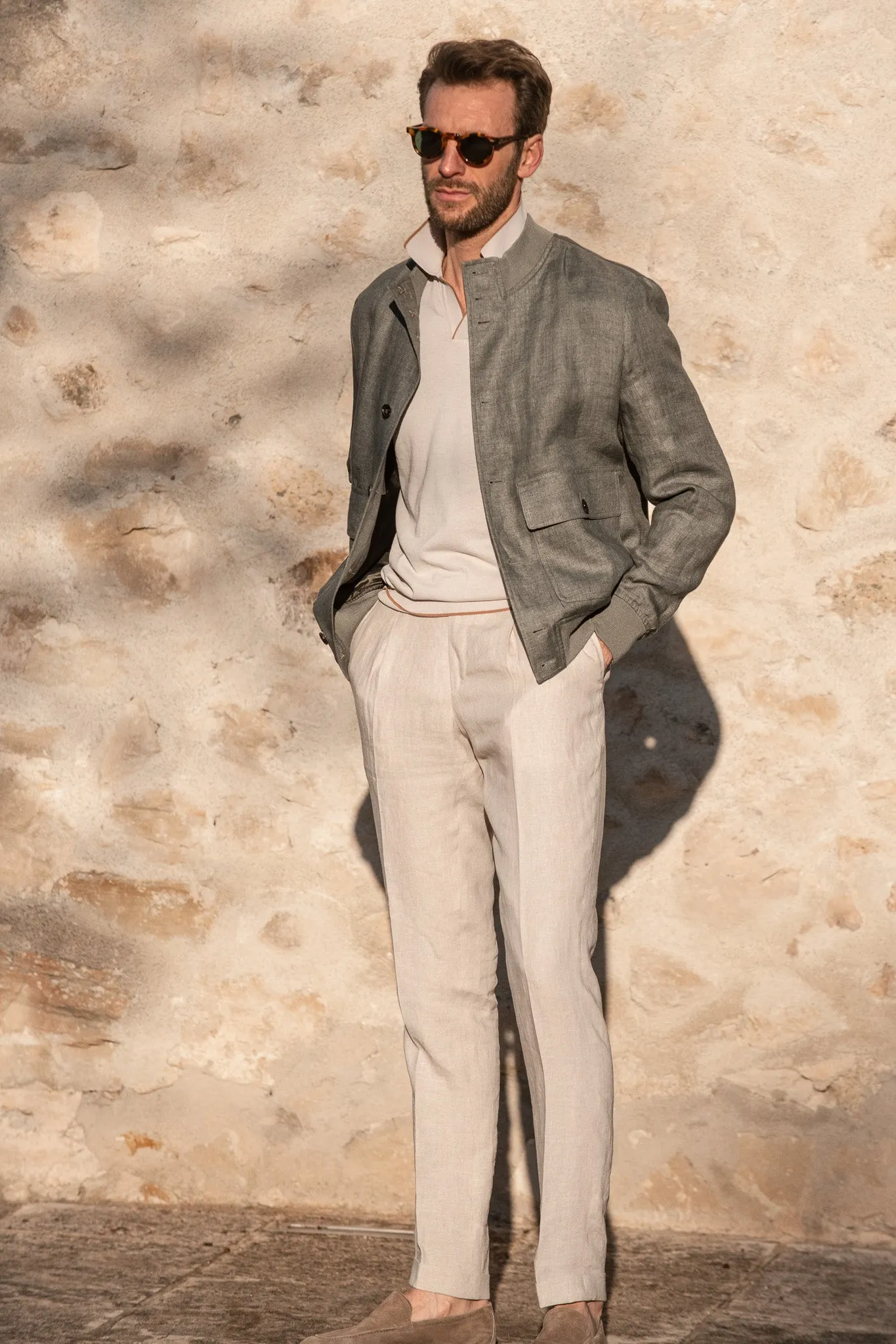 Temperature Regulating Fill Durable Abrasion Resistant Sage linen bomber jacket ?C Made in Italy