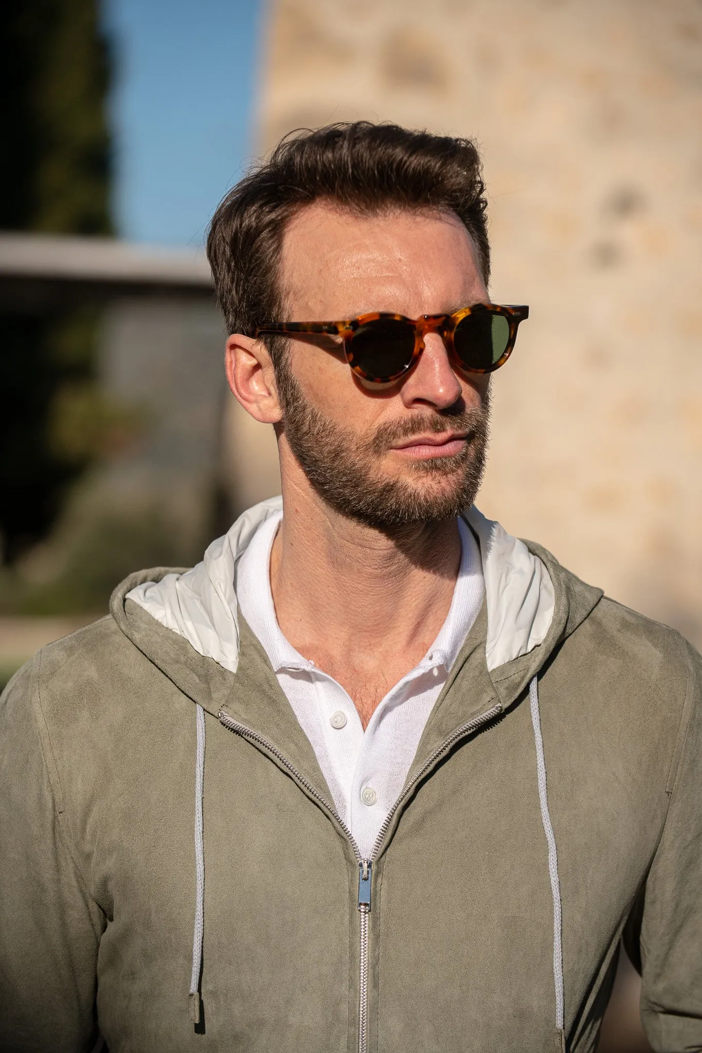 Sage suede hooded bomber jacket ?C Made in Italy Subtle Layers Plaid Design