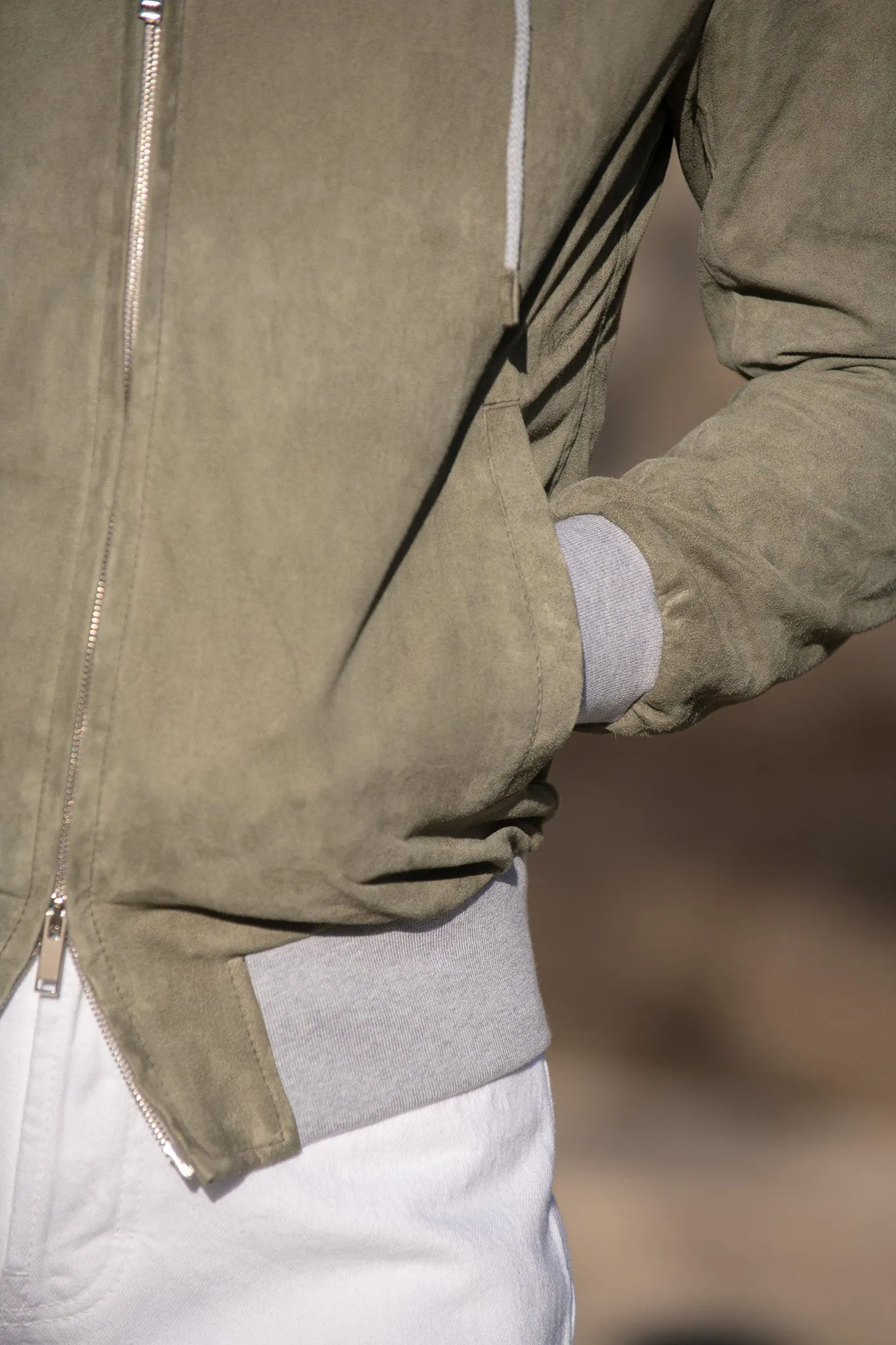 Sage suede hooded bomber jacket ?C Made in Italy Noise Free Fabric Classic Ribbed Cuffs