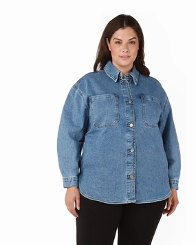 Premium Fit Salma Rounded Hem Denim Shacket | Medium Wash