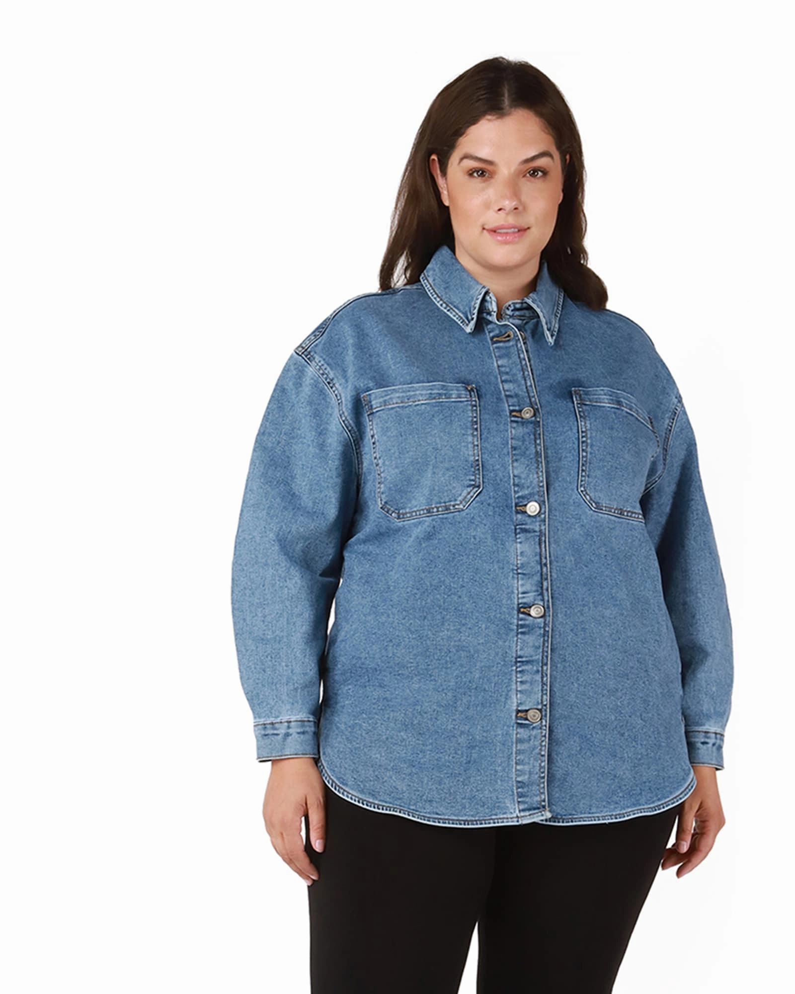 Premium Fit Salma Rounded Hem Denim Shacket | Medium Wash