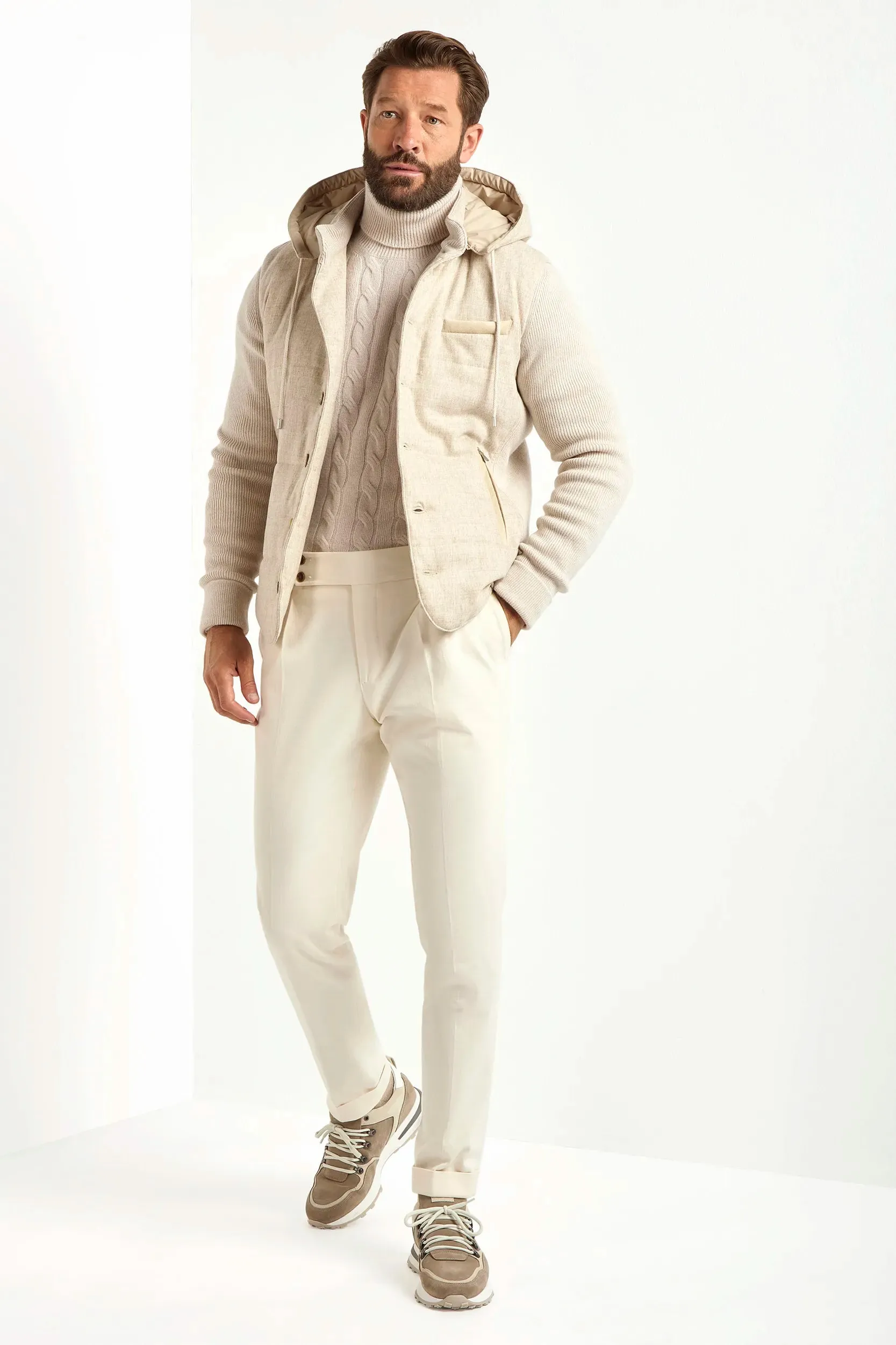 Sand flannel and knit hooded jacket - Made in Italy Snow Block
