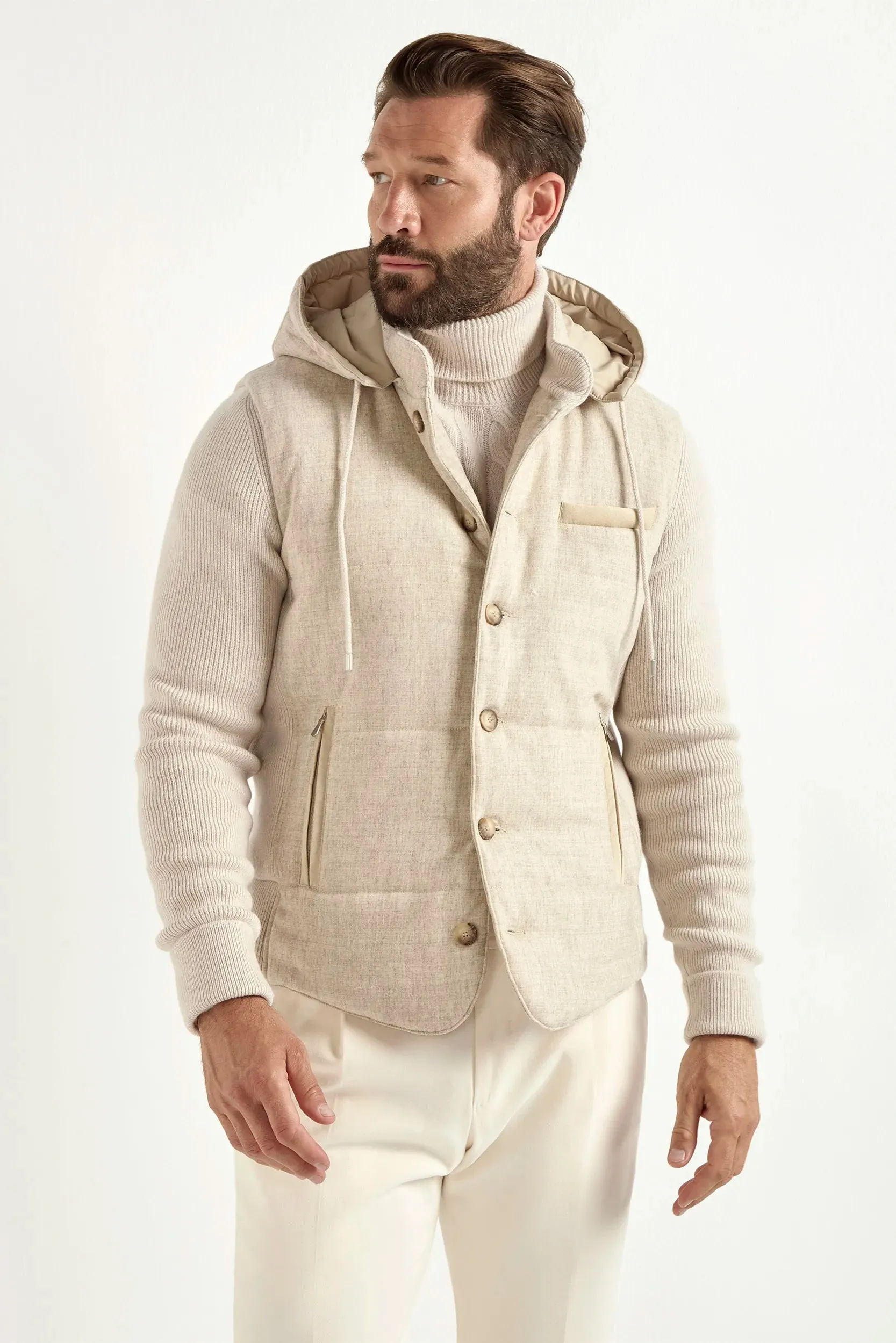 Sand flannel and knit hooded jacket - Made in Italy Travel Ready