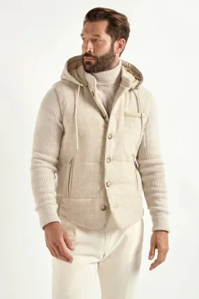 Flexible Fiber Fill Rugged Style Sand flannel and knit hooded jacket - Made in Italy