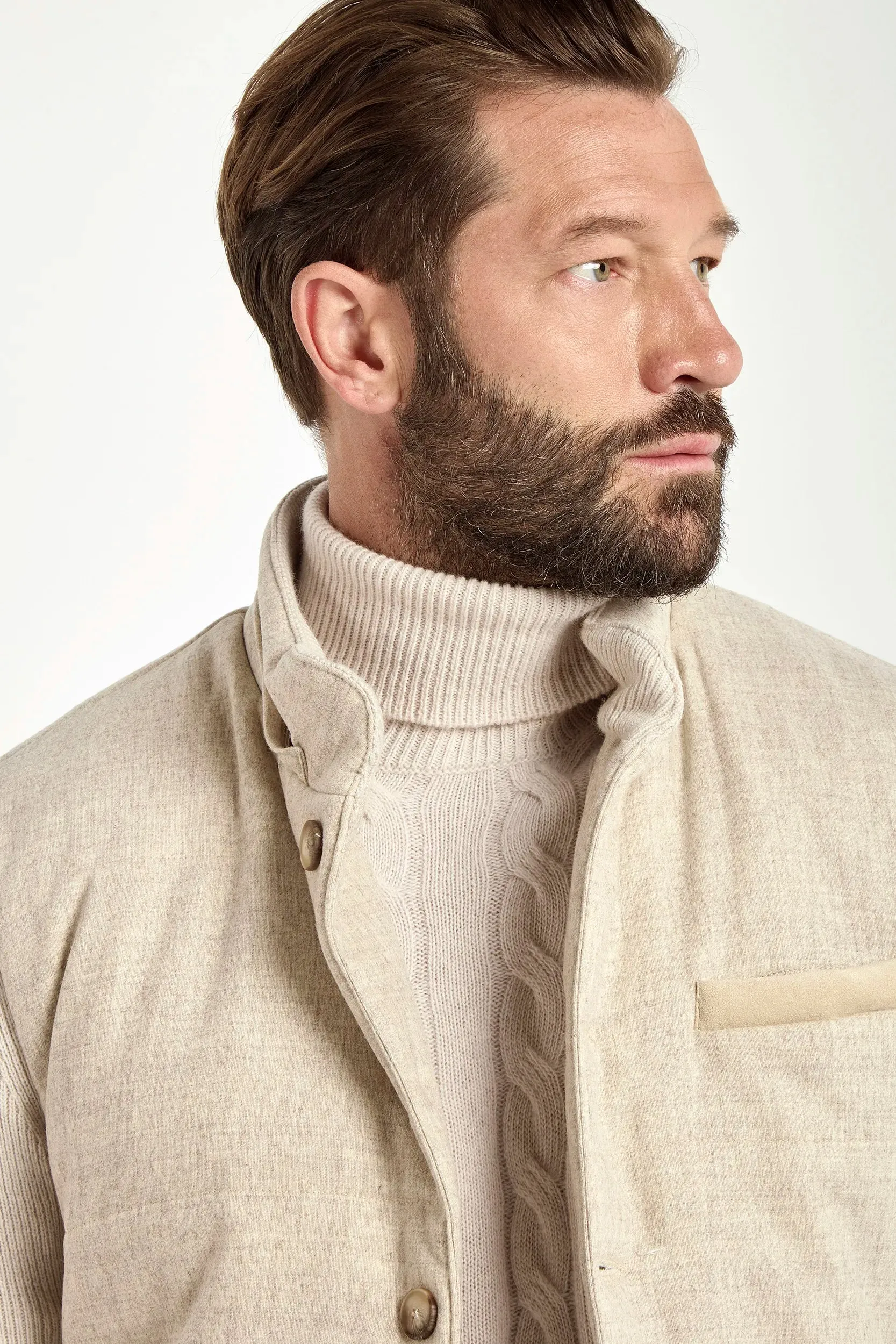 Sand flannel and knit hooded jacket - Made in Italy Wrinkle resistant fabric All Day Comfort Design