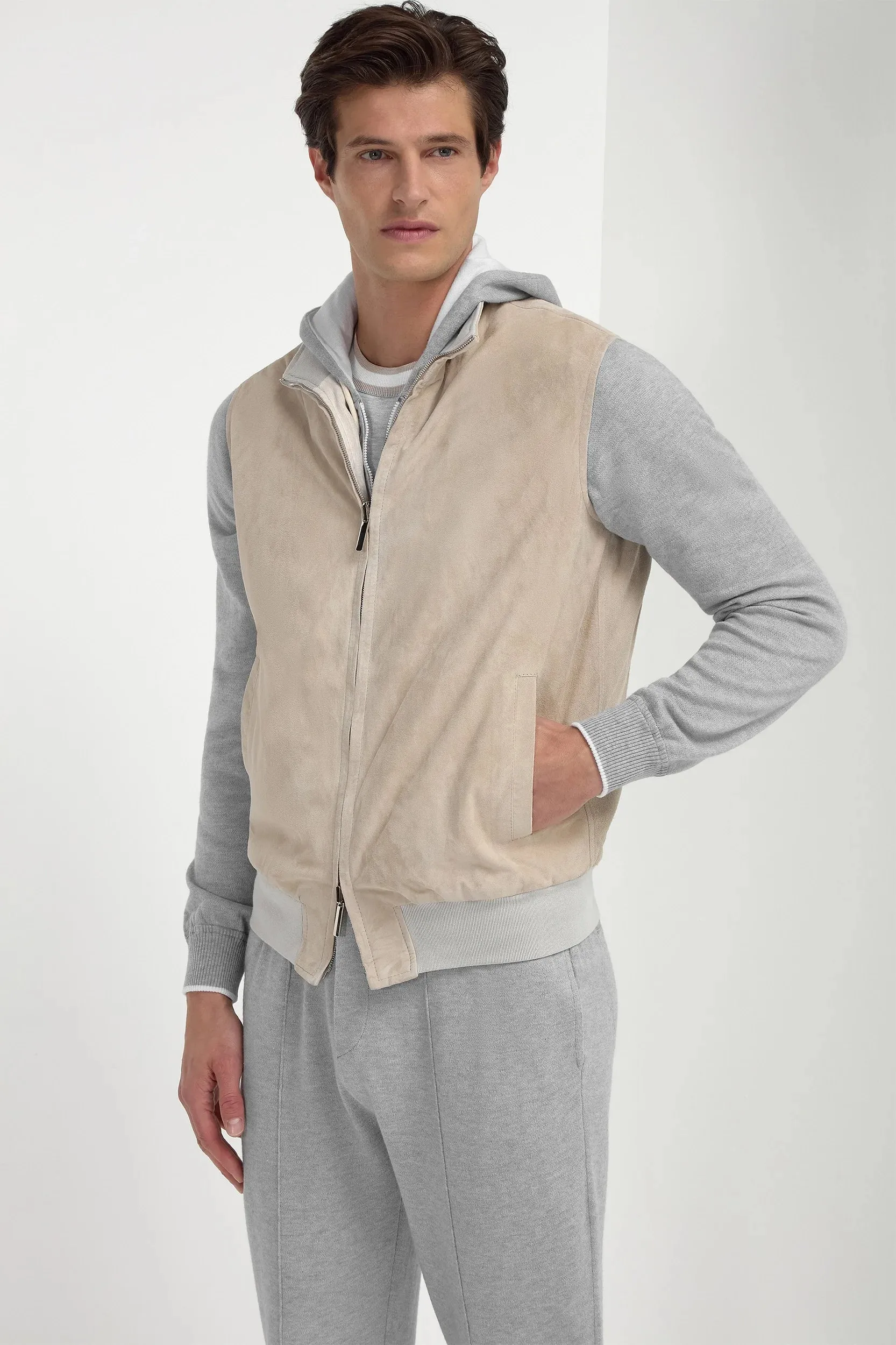 Two Way Zipper Mid Season Wear Sand suede reversible vest - Made in Italy